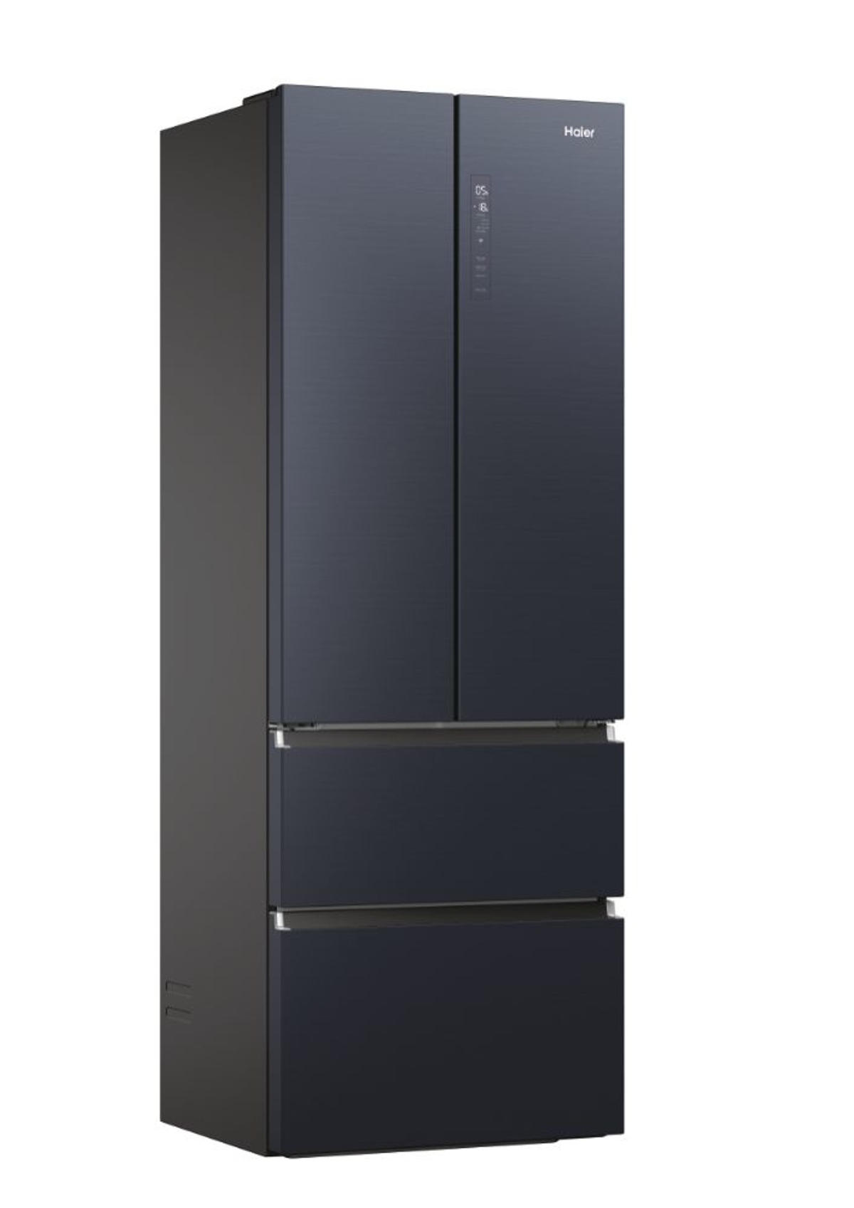 Un refrigerador negro alto con cuatro puertas. El logotipo de Haier es visible en la puerta superior derecha.