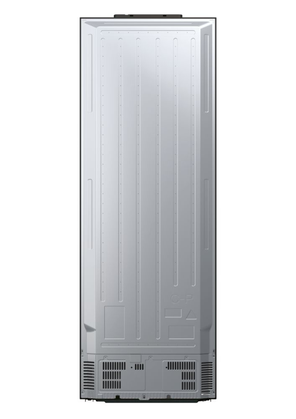 La parte trasera de un refrigerador plateado, mostrando los diversos componentes y paneles.