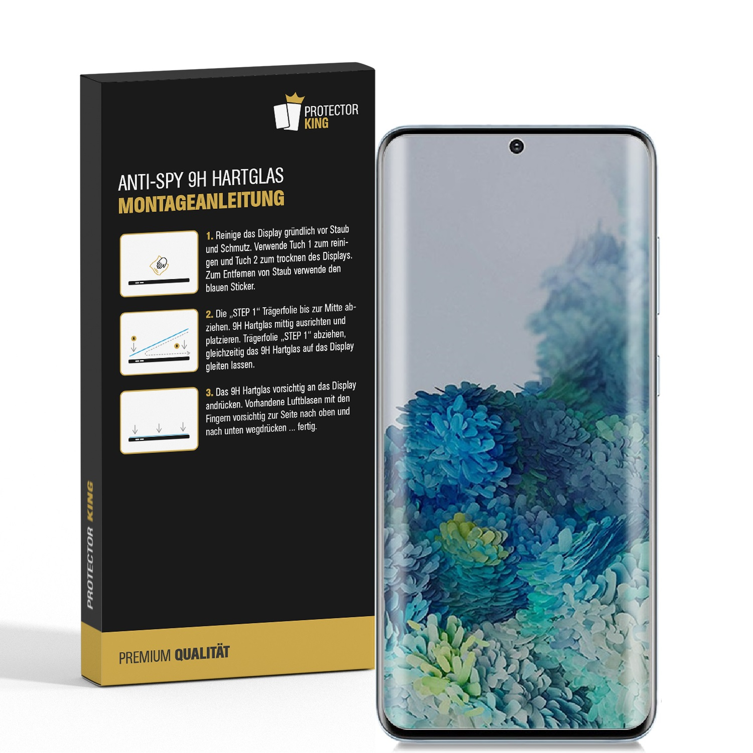 Handy-Displayschutzfolie und -Box. Das Handy hat einen Bildschirm mit wasserähnlichem Muster.