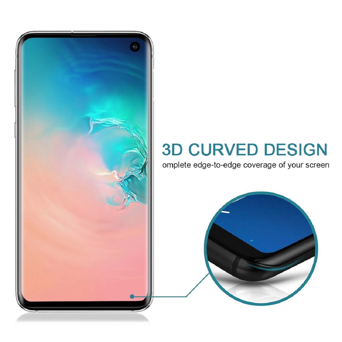 Smartphone mit 3D-Kurvendesign. Der Bildschirm zeigt ein farbenfrohes Bild. Text-Overlay: '3D Curved Design'.