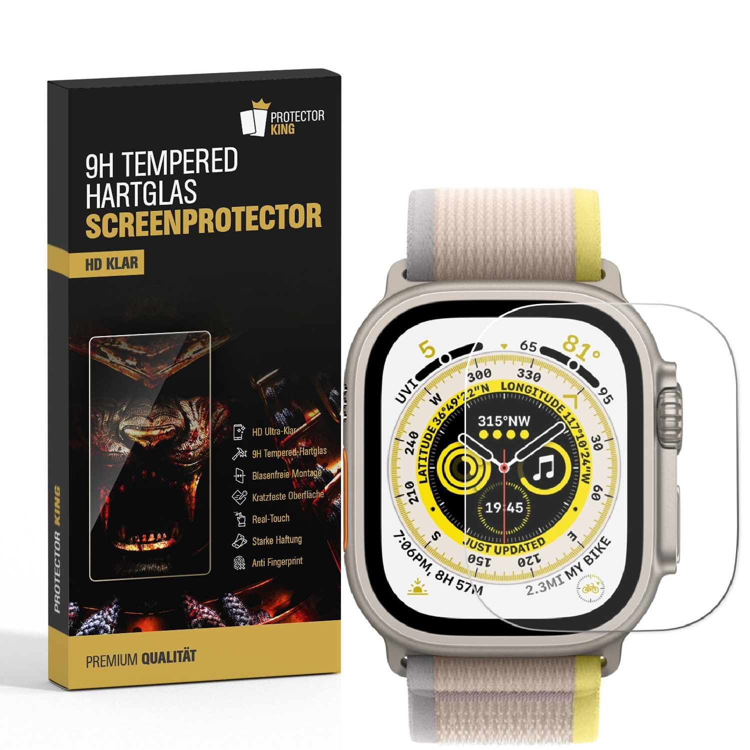 PROTECTORKING 1x Echtes Tempered Displayschutzfolie(für Ultra KLAR Schutzglas Hartglas HD 49mm) Apple Watch 9H