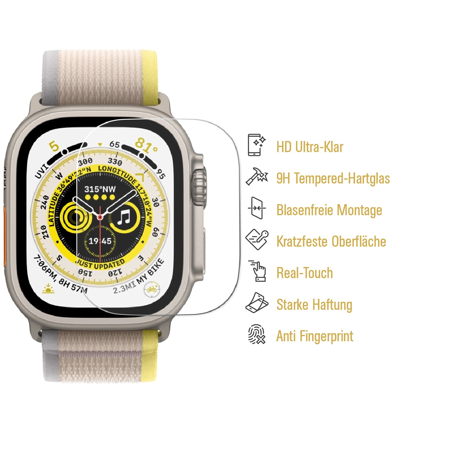 9H 1x Schutzglas Watch Hartglas Apple Echtes HD Displayschutzfolie(für KLAR 49mm) Tempered Ultra PROTECTORKING