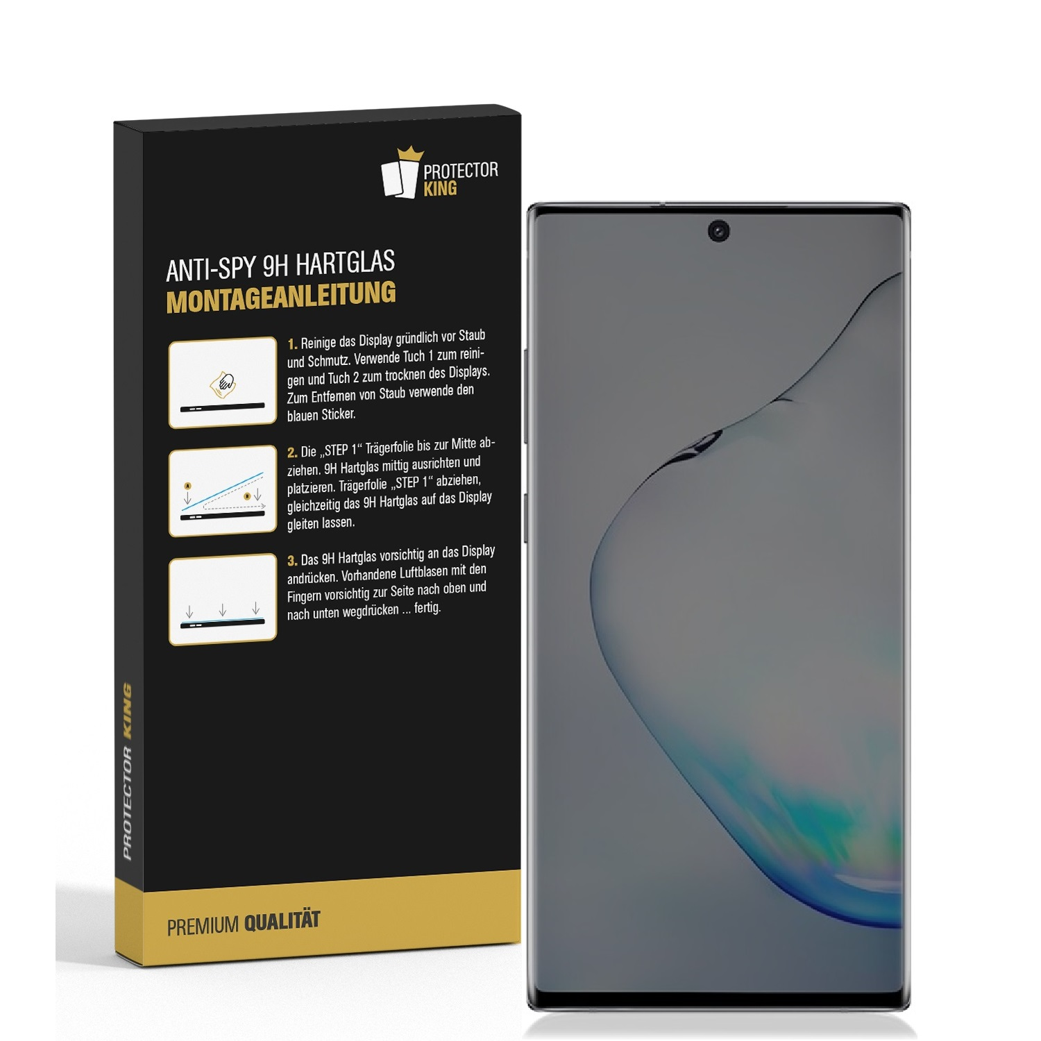 Ein Smartphone mit Displayschutz und dessen Verpackung, mit Anweisungen auf Deutsch.