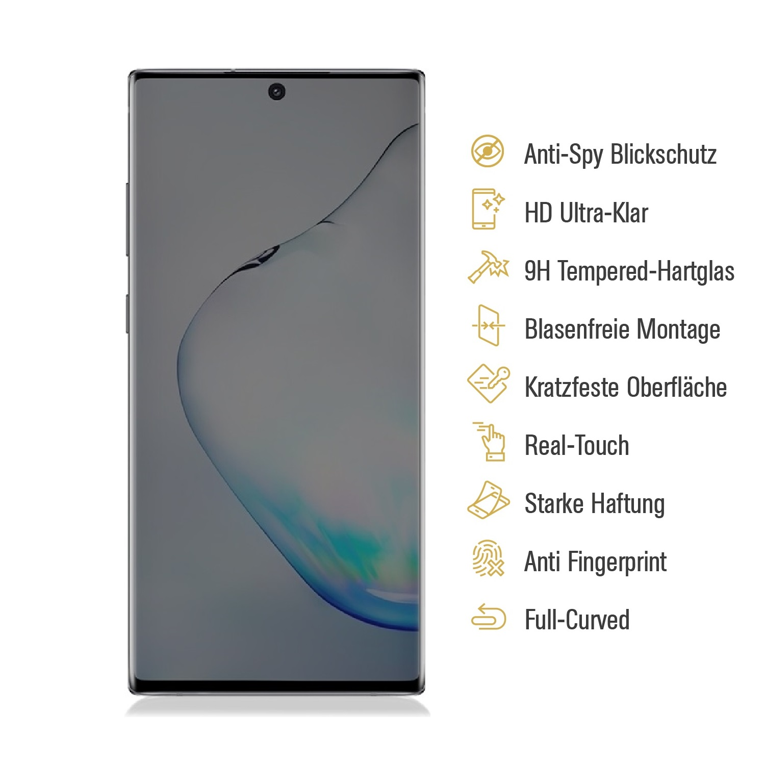 Ein Telefon mit angebrachtem Displayschutz. Das Telefon hat einen dunklen Bildschirm und Text an der Seite.