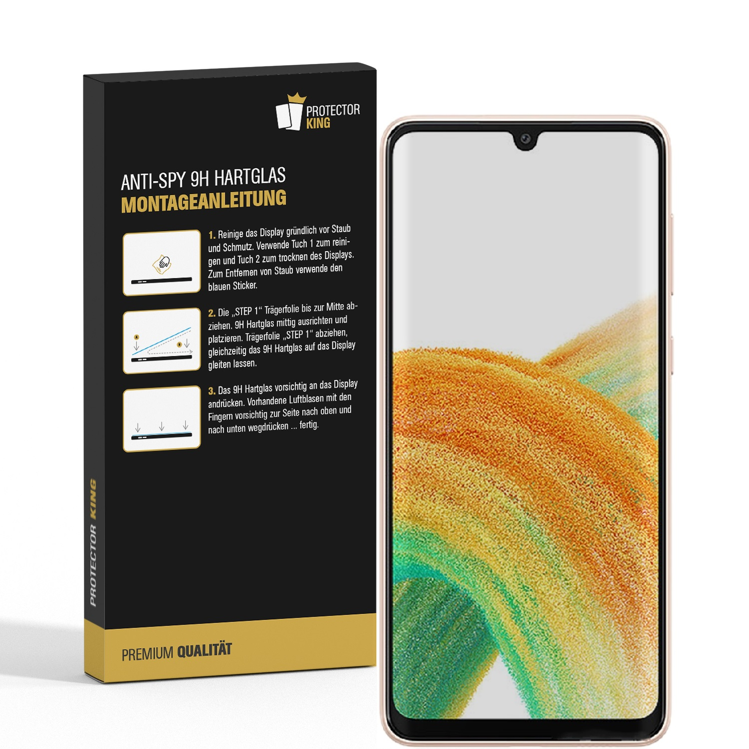 Smartphone mit Displayschutzfolie. Textanweisungen zur Anwendung. Telefon und Schutz rechts. Weißer Hintergrund.