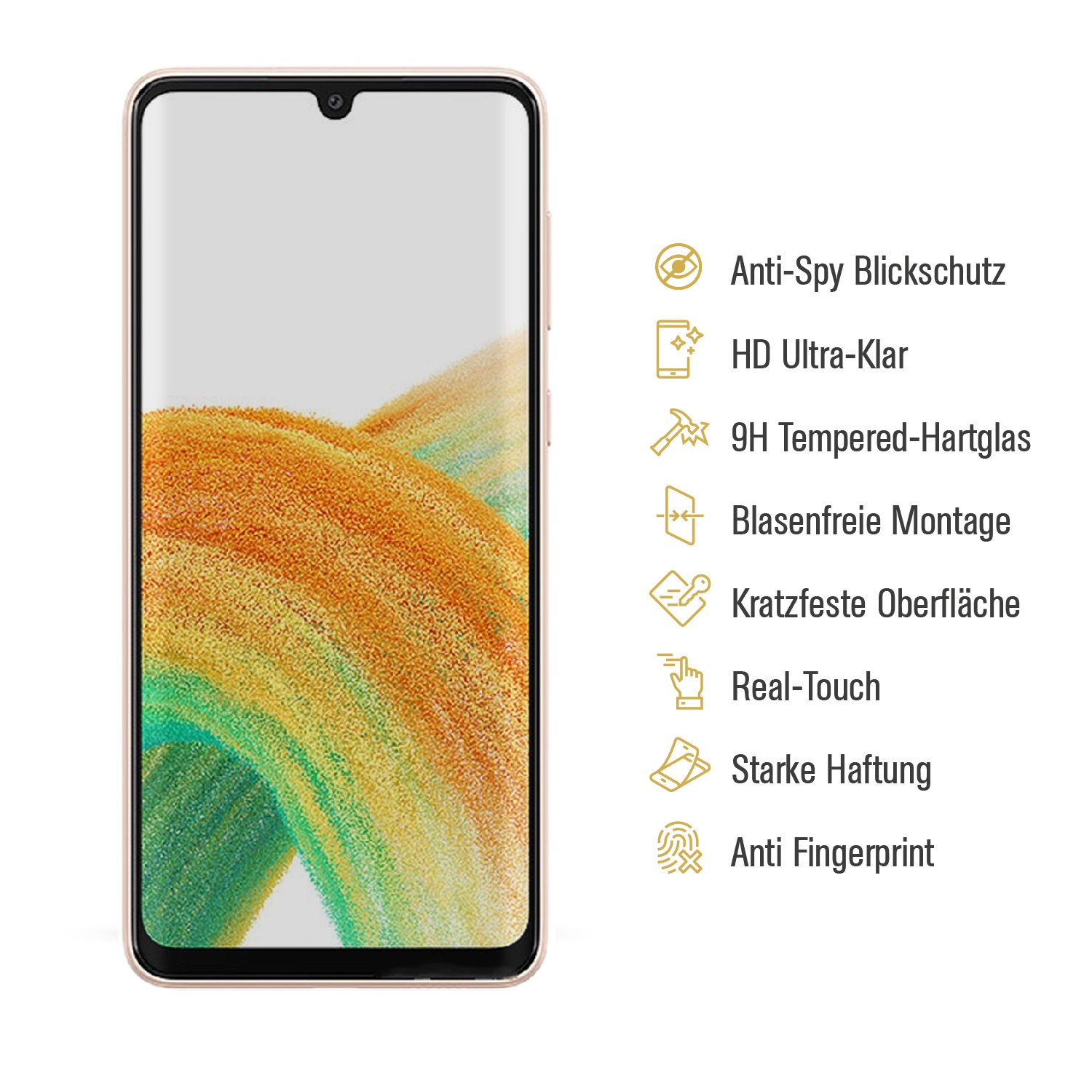 Smartphone mit Displayschutz, Funktionen werden angezeigt.