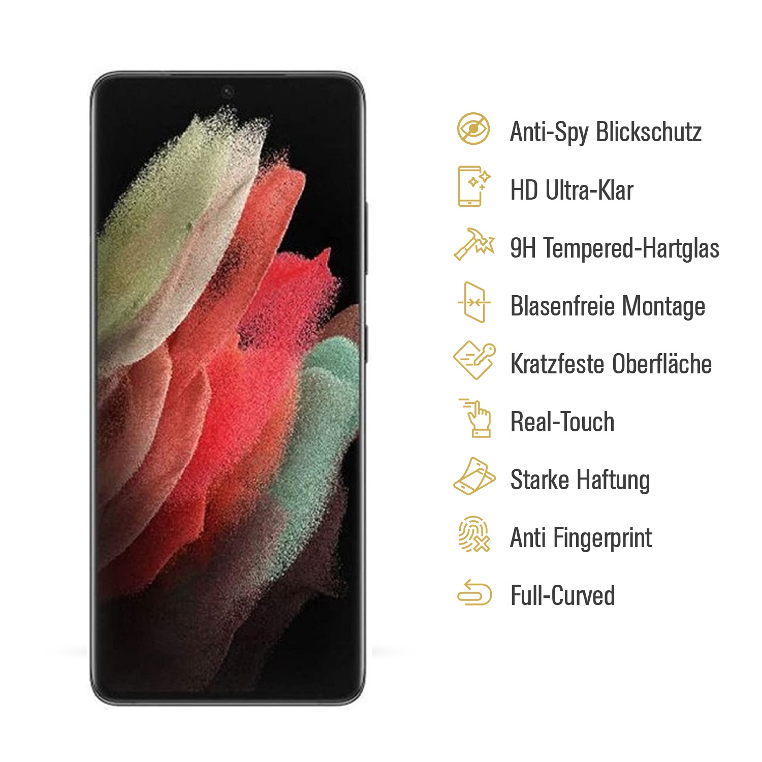 Smartphone-Bildschirm mit farbenfrohem, abstraktem Hintergrund und Icons mit Text.