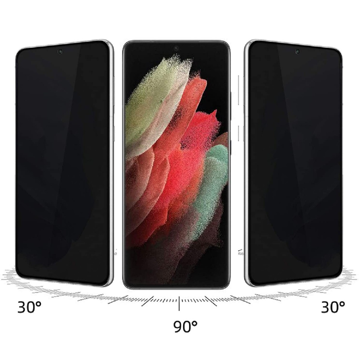 Drei Ansichten eines schwarzen Smartphones, das den Bildschirm zeigt. Der Bildschirm ist schwarz, Winkel sind 30 und 90 Grad.