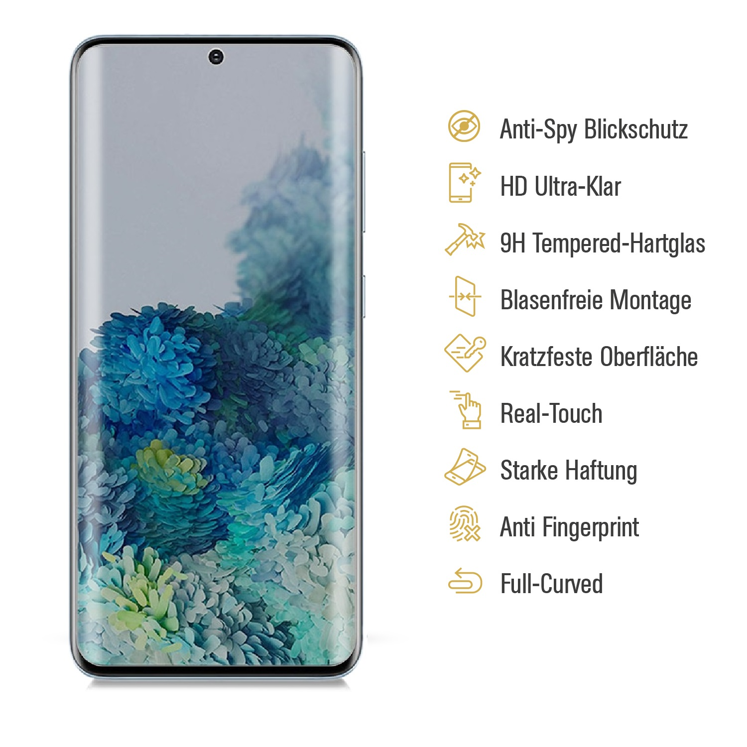 Smartphone mit gebogenem Bildschirm und Symbolen auf der rechten Seite, auf weißem Hintergrund.