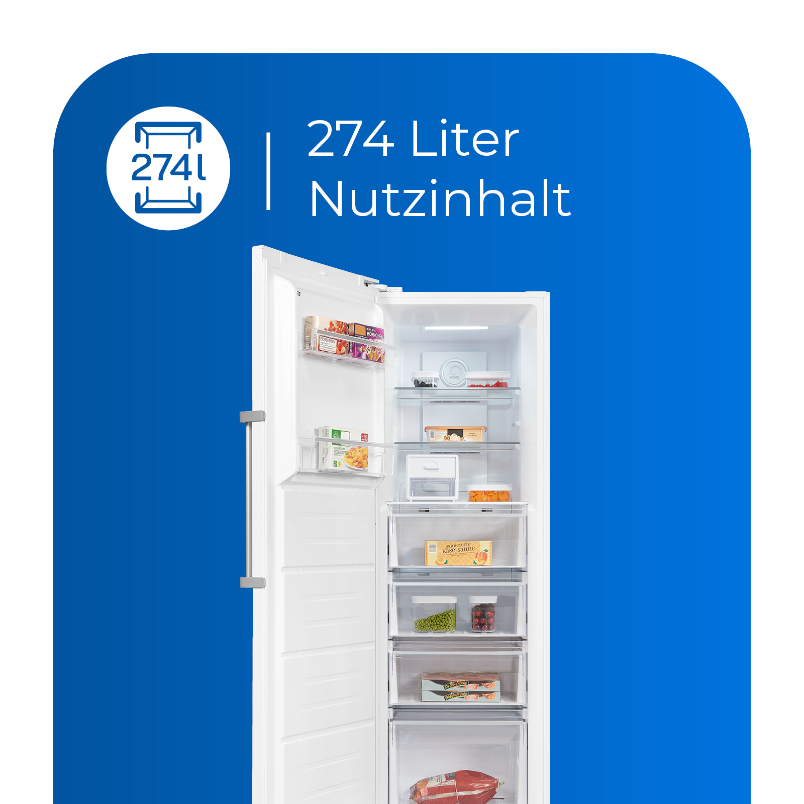 Weißer Kühlschrank mit offener Tür. Text: 274 Liter Nutzinhalt. Blauer Hintergrund.
