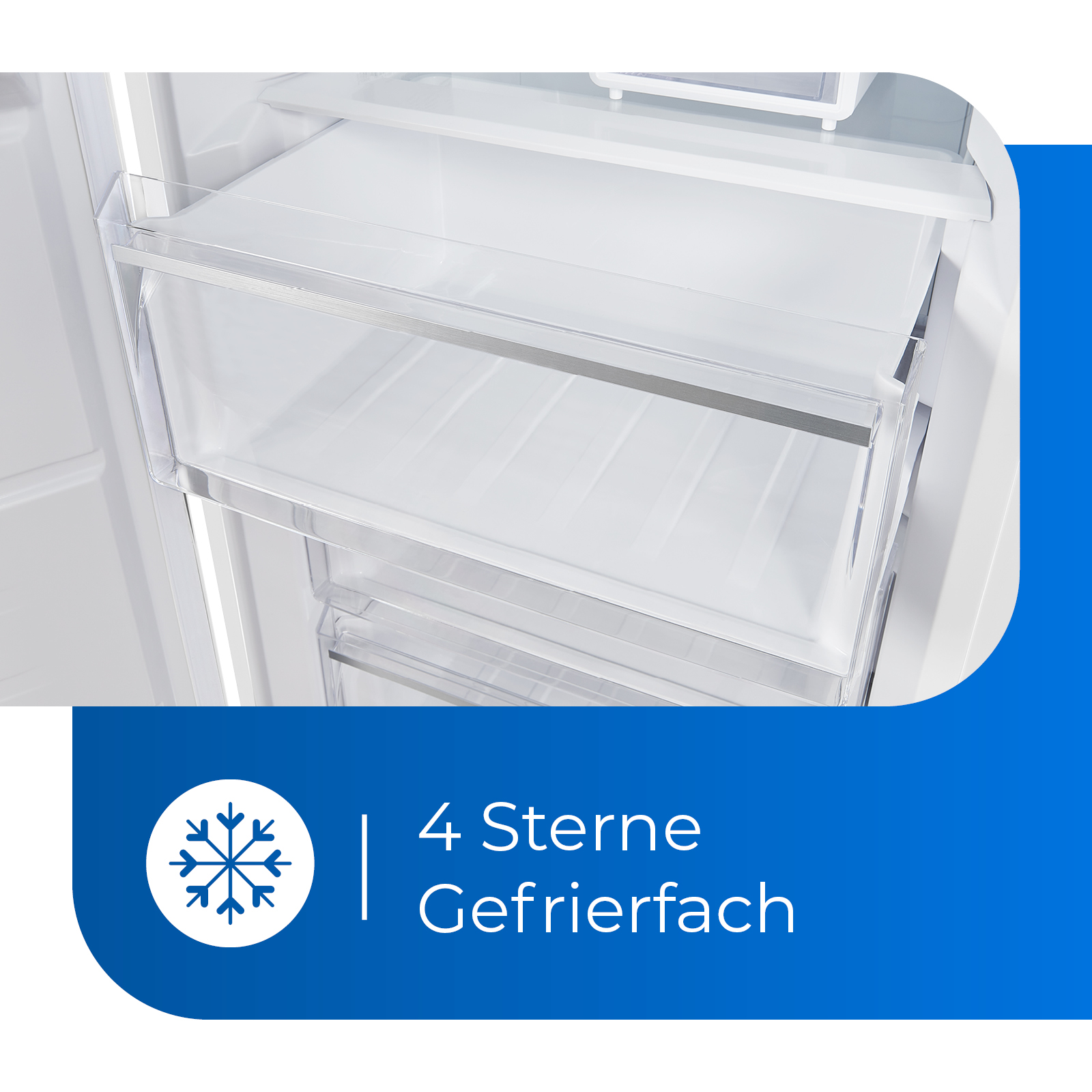 Innenraum eines weißen Kühlschranks mit zwei transparenten Schubladen. Blauer Text-Overlay.