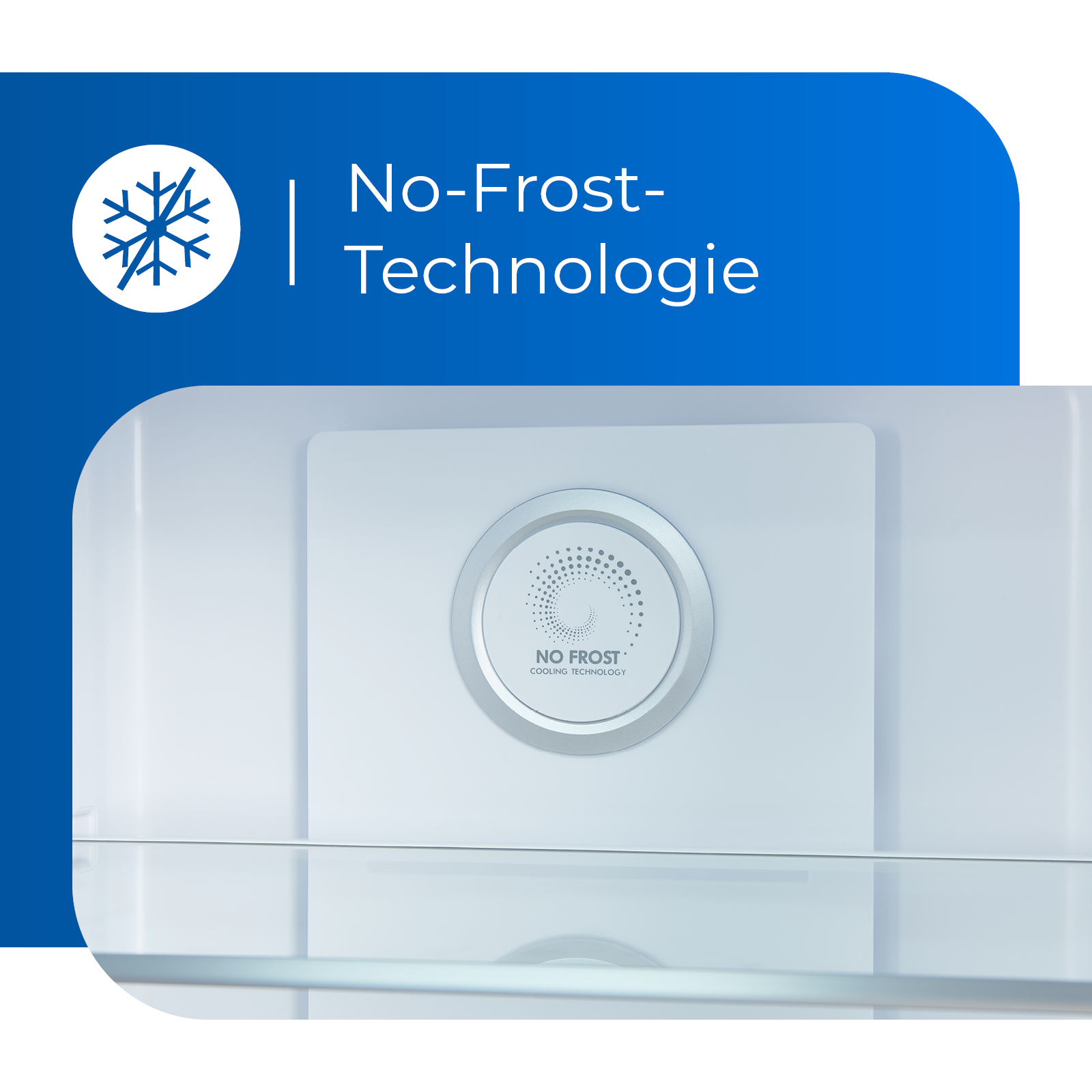 No-Frost-Technologie in einem weißen Kühlschrank. Blaues und weißes Design.