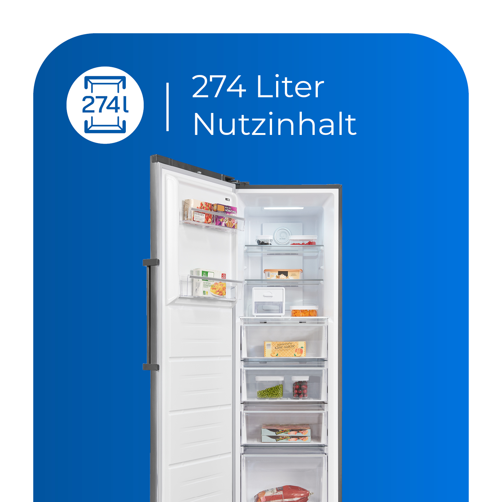 Geöffneter Kühlschrank mit Inhalt, Text '274 Liter Nutzinhalt' und blauem Hintergrund.