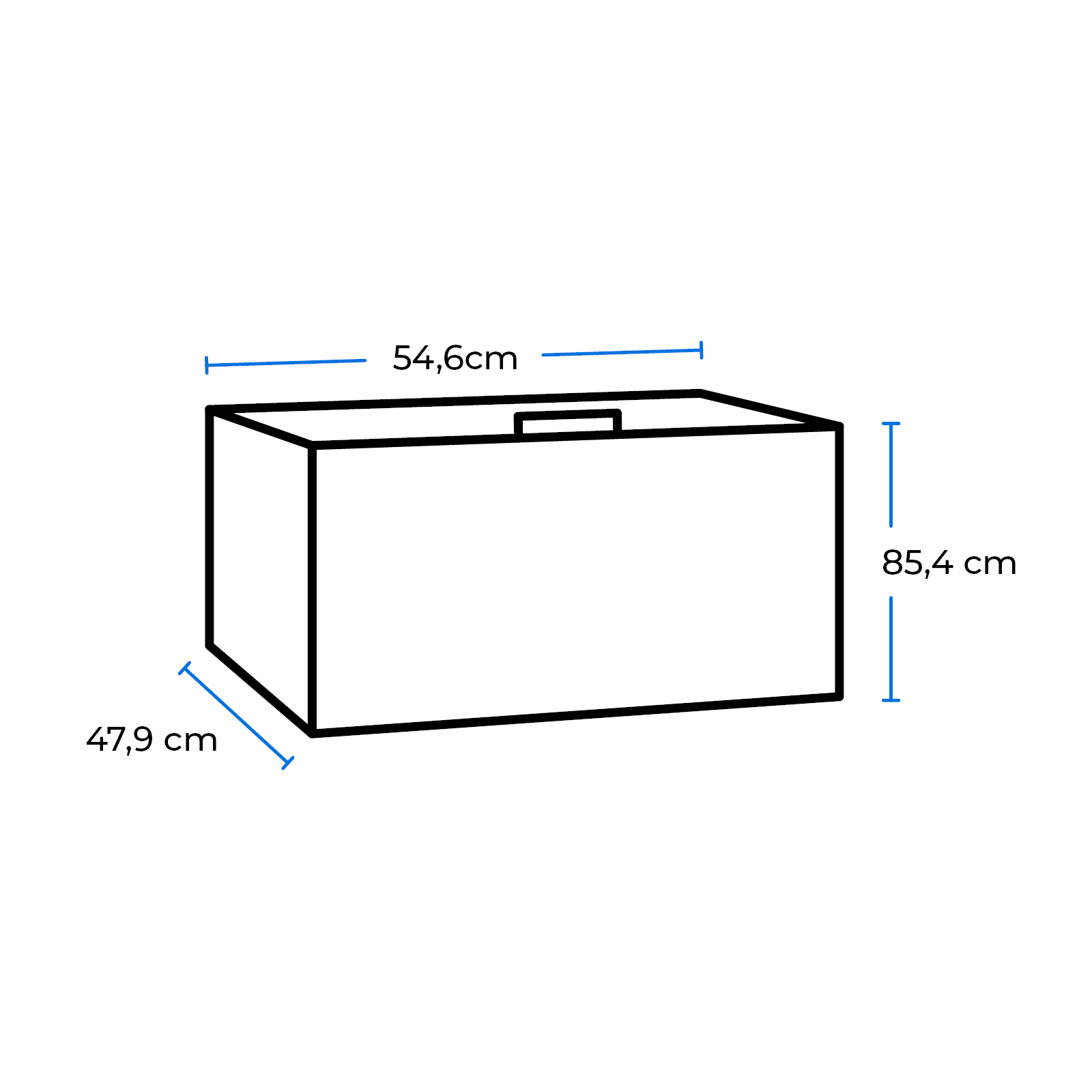 Caja con dimensiones: 54,6 cm, 47,9 cm y 85,4 cm. Contornos negros y líneas de dimensión azules.
