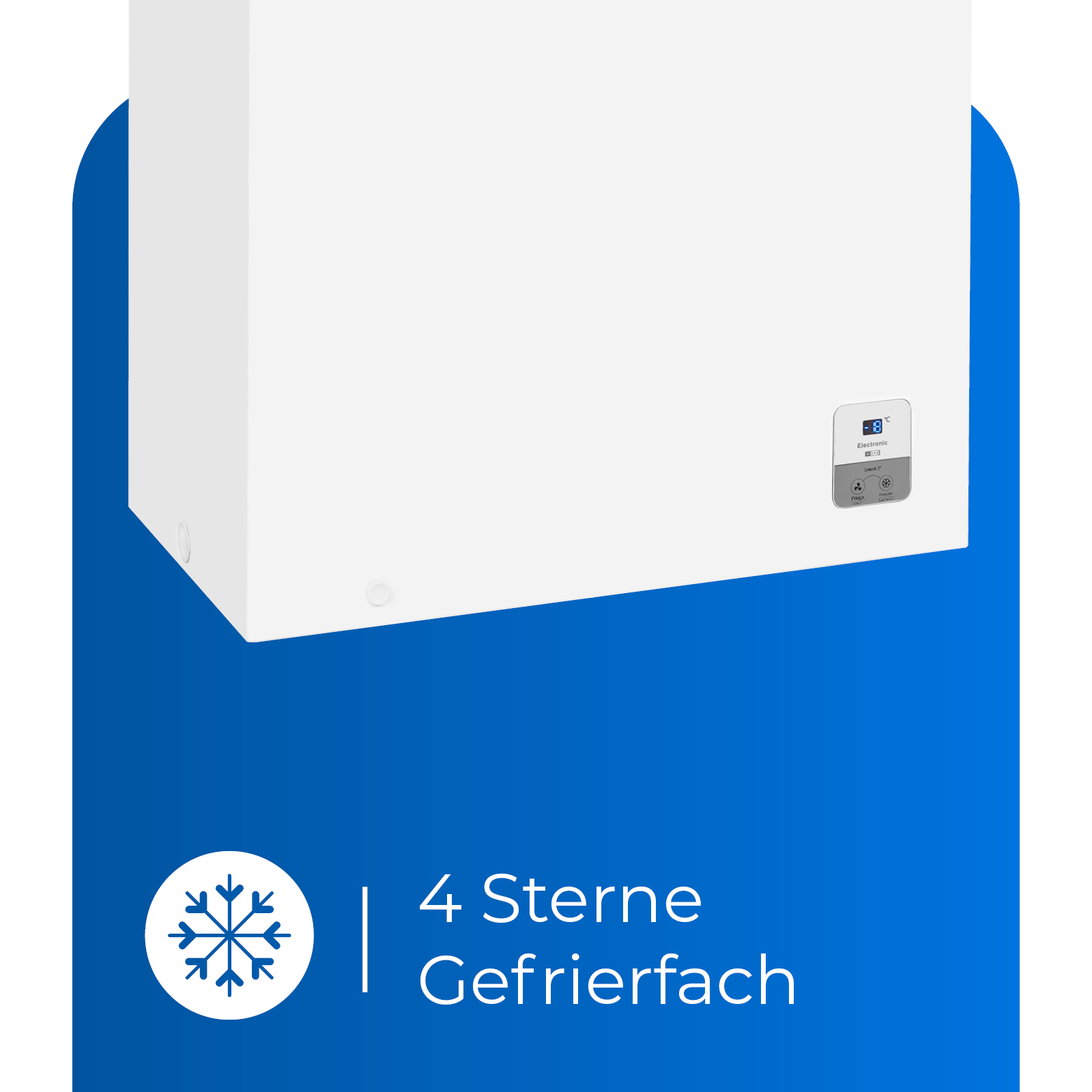 Congelador arcón blanco con fondo azul. Texto: 4 Sterne Gefrierfach (Congelador 4 estrellas).