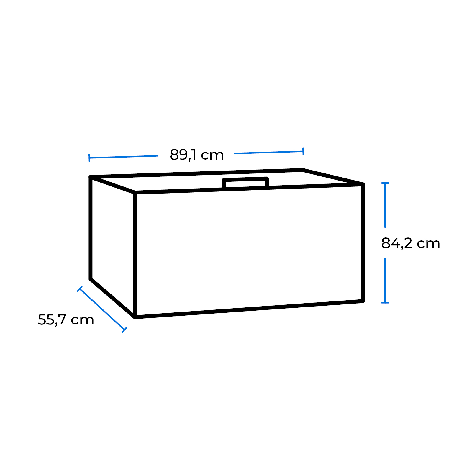 Una caja rectangular blanca con dimensiones en centímetros: 89,1, 84,2 y 55,7.