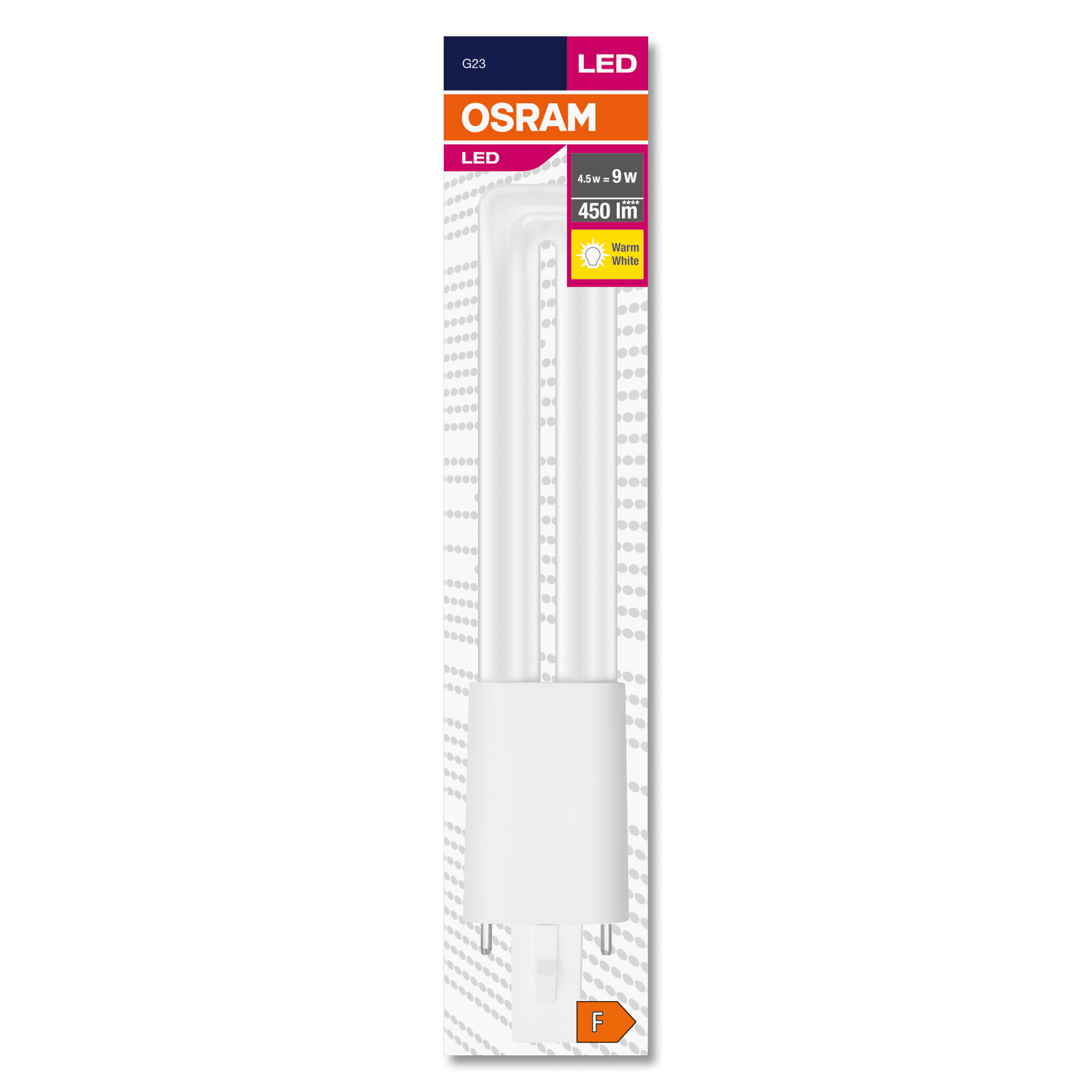 Eine LED-Glühbirne in einer Verpackung, mit Markenname und Spezifikationen.