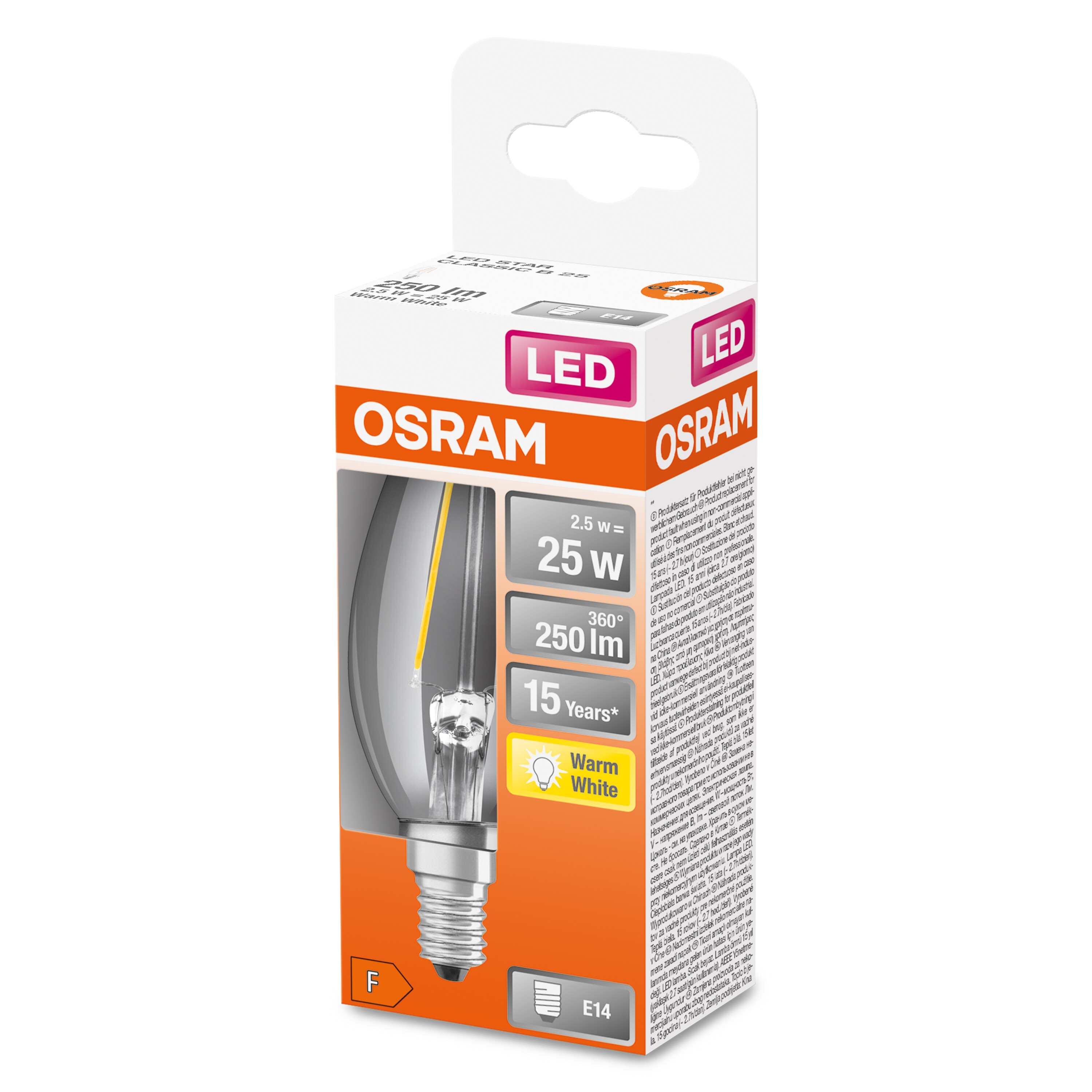 Lampadina LED OSRAM in scatola. Mostra dettagli, wattaggio, luminosità e colore.