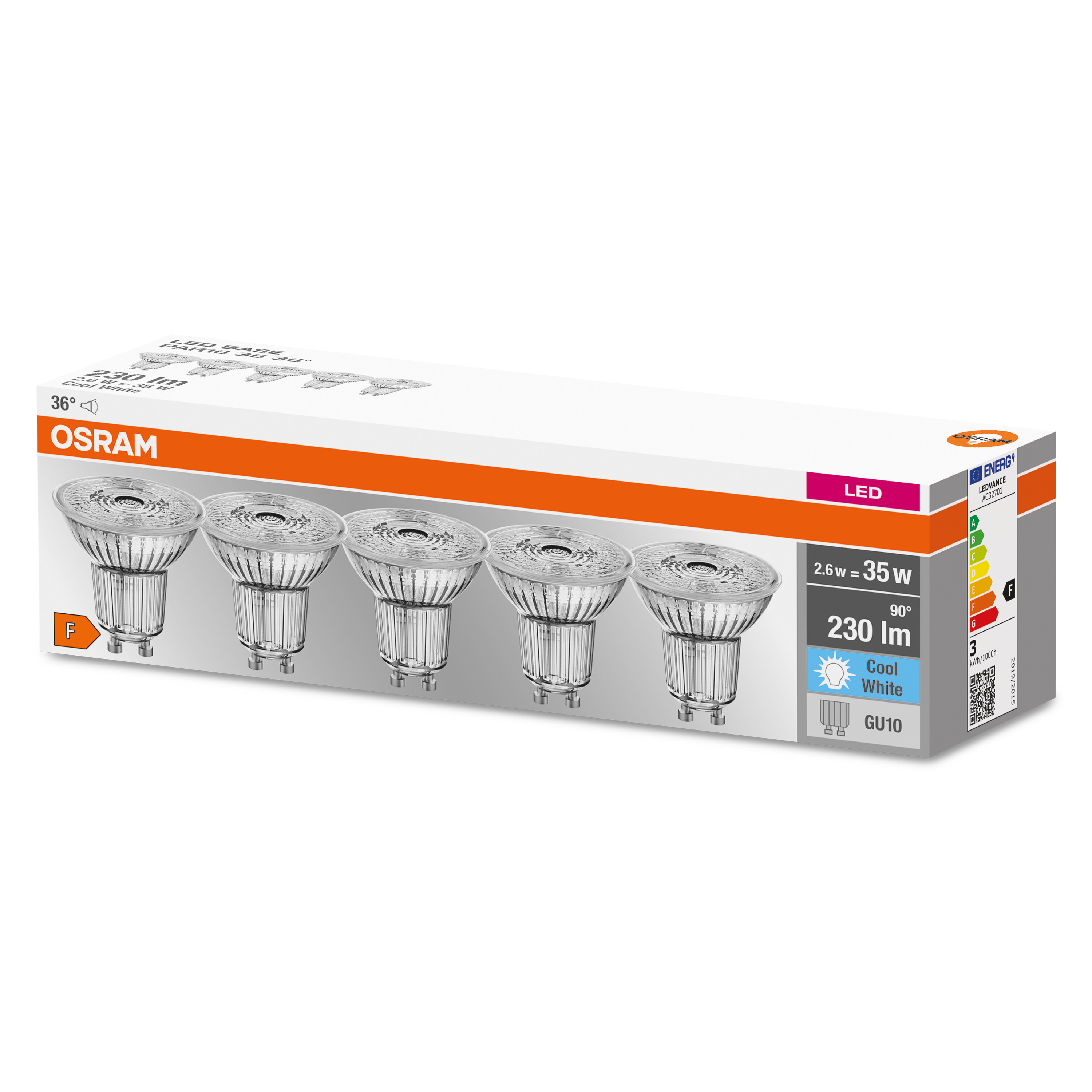 Karton mit LED-Strahlern. Die Box ist weiß mit orangefarbenen und rosa Akzenten. Weißer Hintergrund.