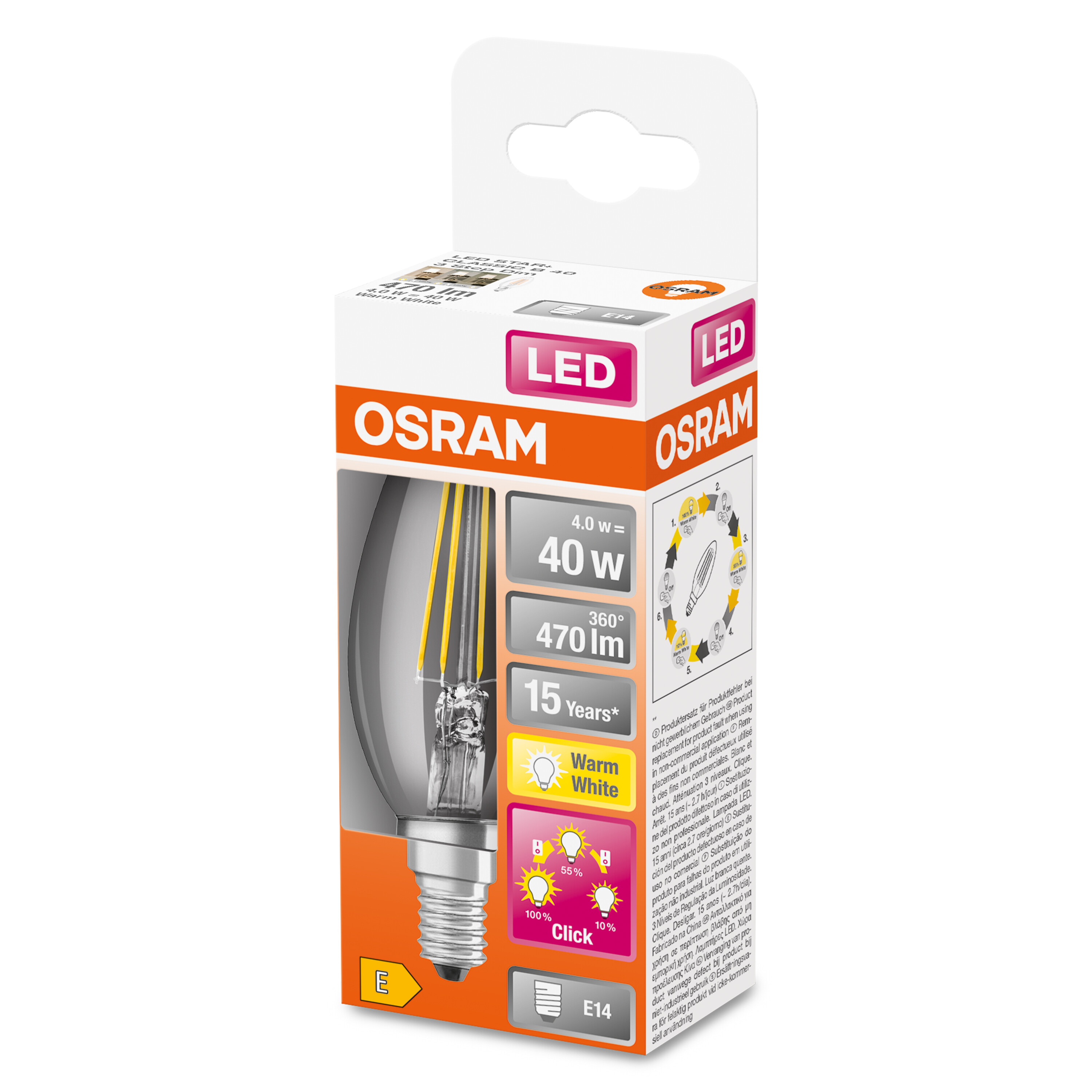 Eine Packung der OSRAM LED-Glühbirne mit Details, einschließlich 15 Jahren Lebensdauer und 40W-Äquivalent, vor weißem Hintergrund.