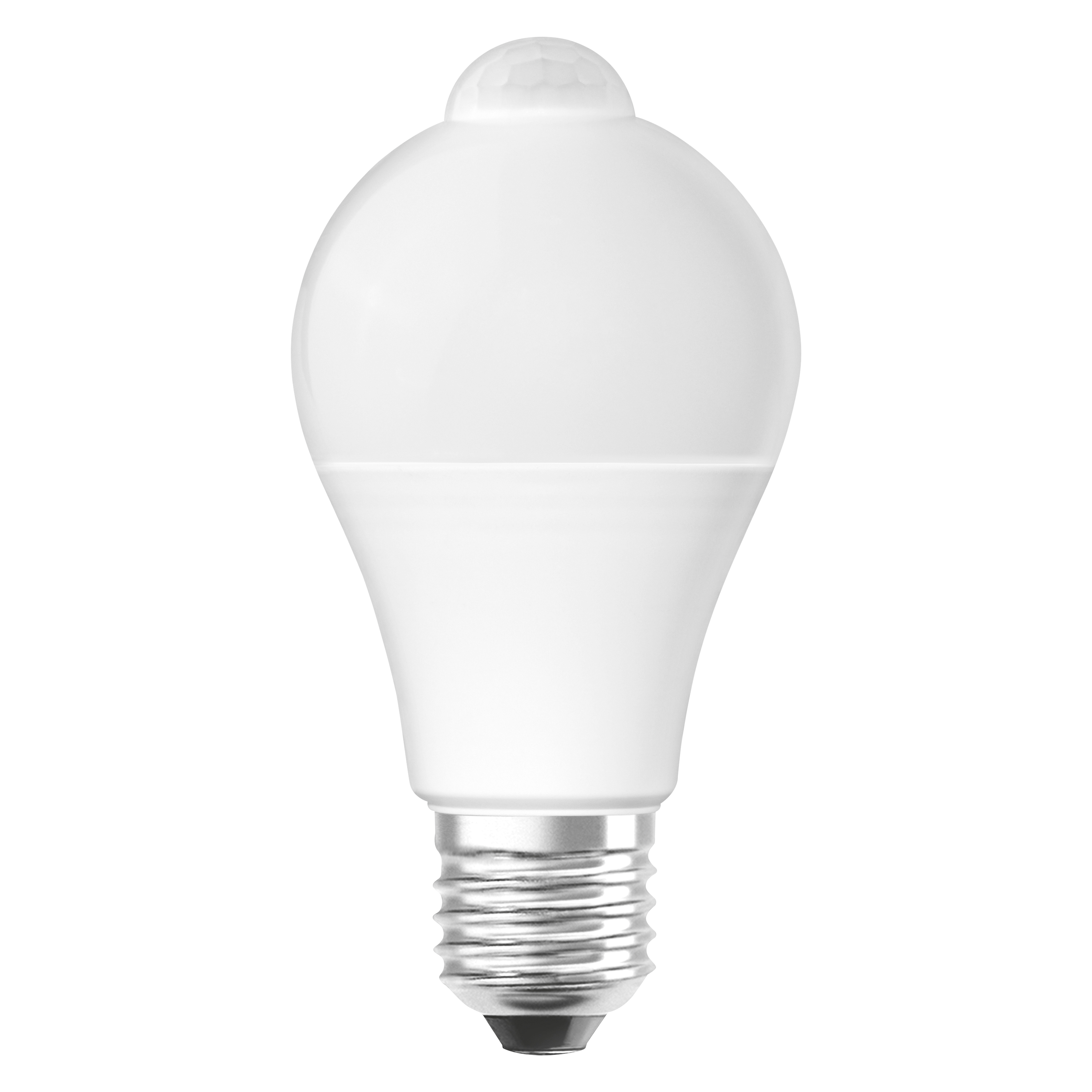 Eine weiße LED-Glühbirne mit Bewegungsmelder auf weißem Hintergrund.