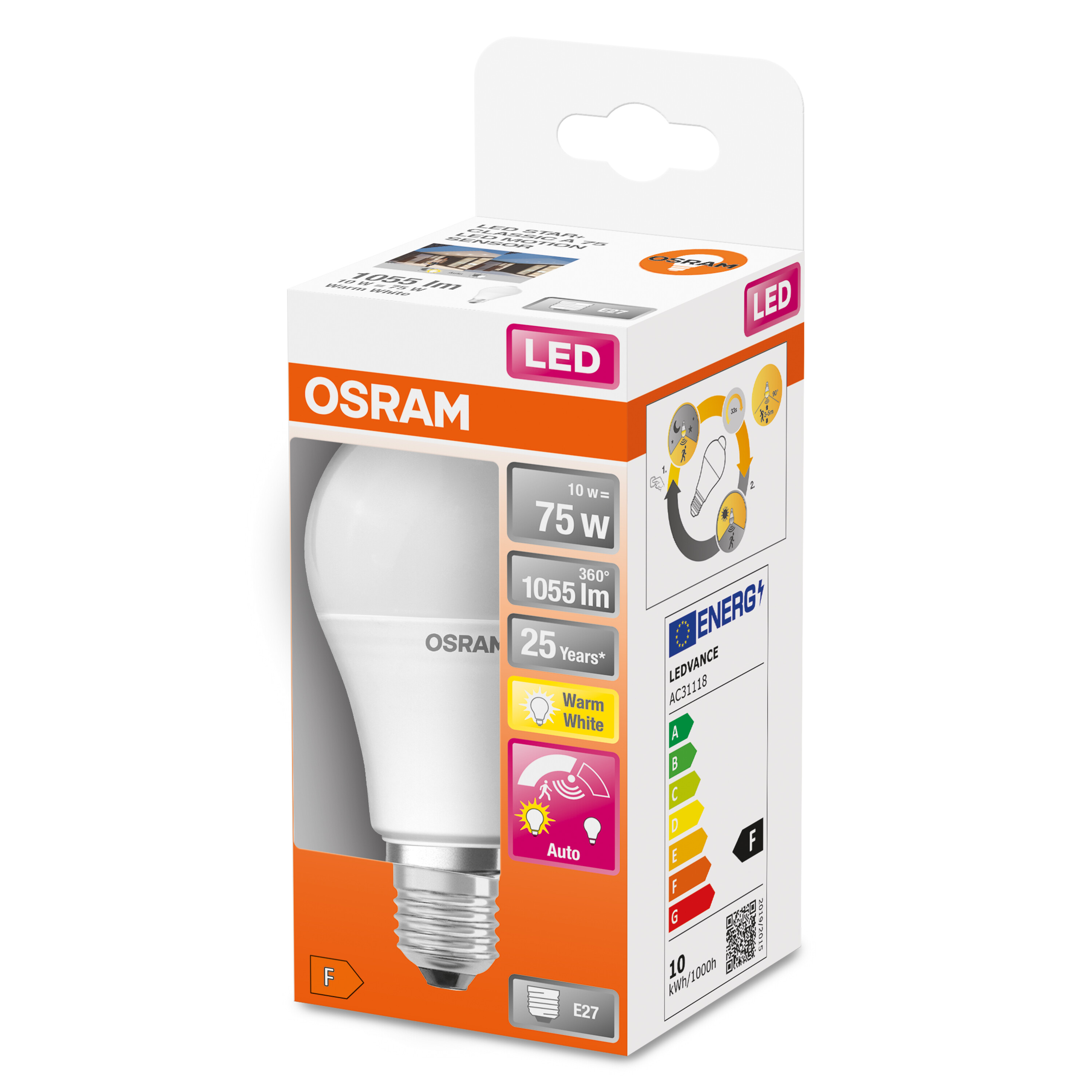 Eine Schachtel mit OSRAM LED-Glühbirne, mit Details zur Glühbirne und dem Energieeffizienzlabel.