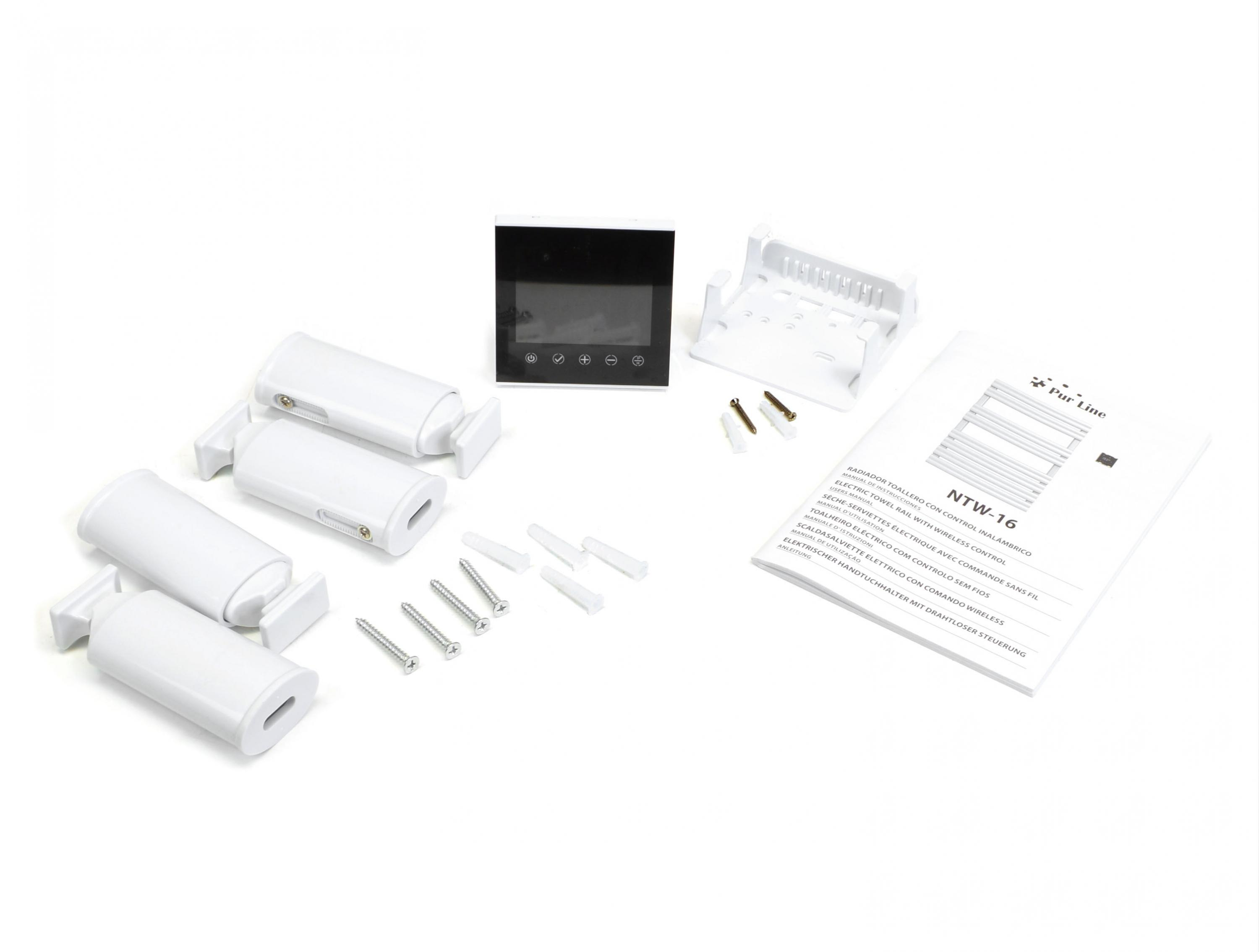 Piezas de dispositivos electrónicos. Una pantalla negra, cilindros blancos, tornillos, un manual blanco y una base.
