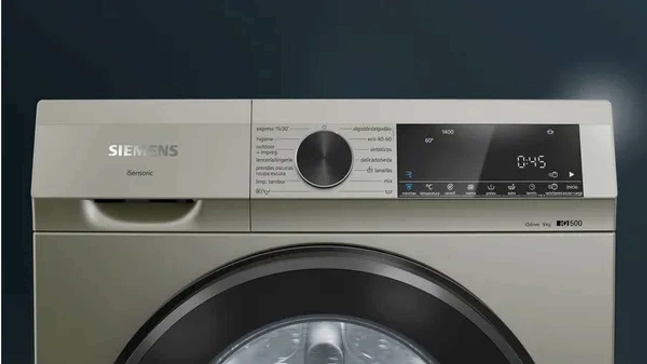 Panel de control de lavadora Siemens con botones, un dial y una pantalla digital que muestra '0:45'.