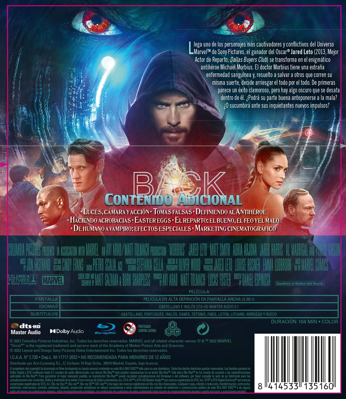 Contraportada del disco Blu-ray de 'Morbius', con Jared Leto, texto y créditos.