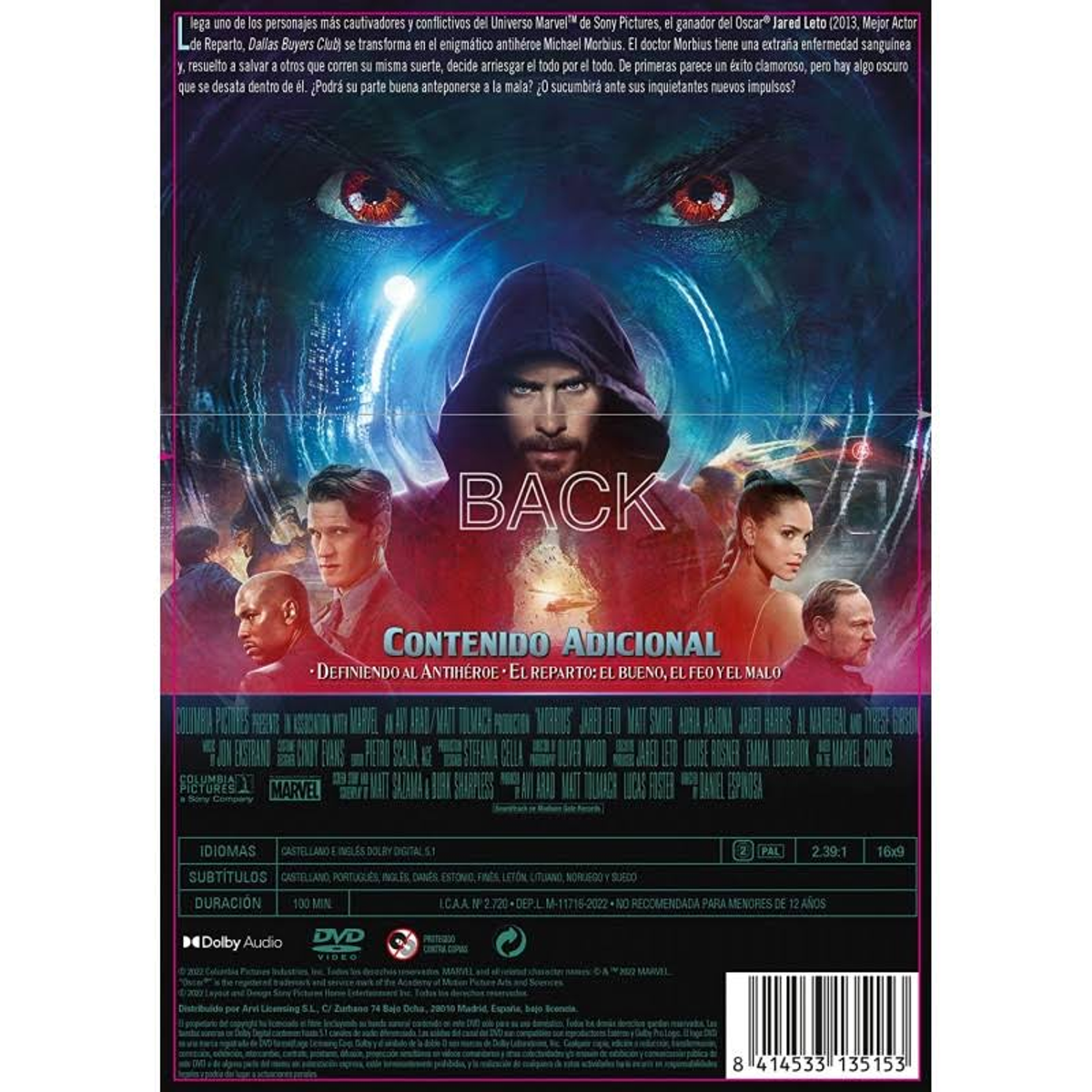 Portada de DVD de Morbius, con Jared Leto. El título está en letras blancas en negrita sobre fondo rojo.