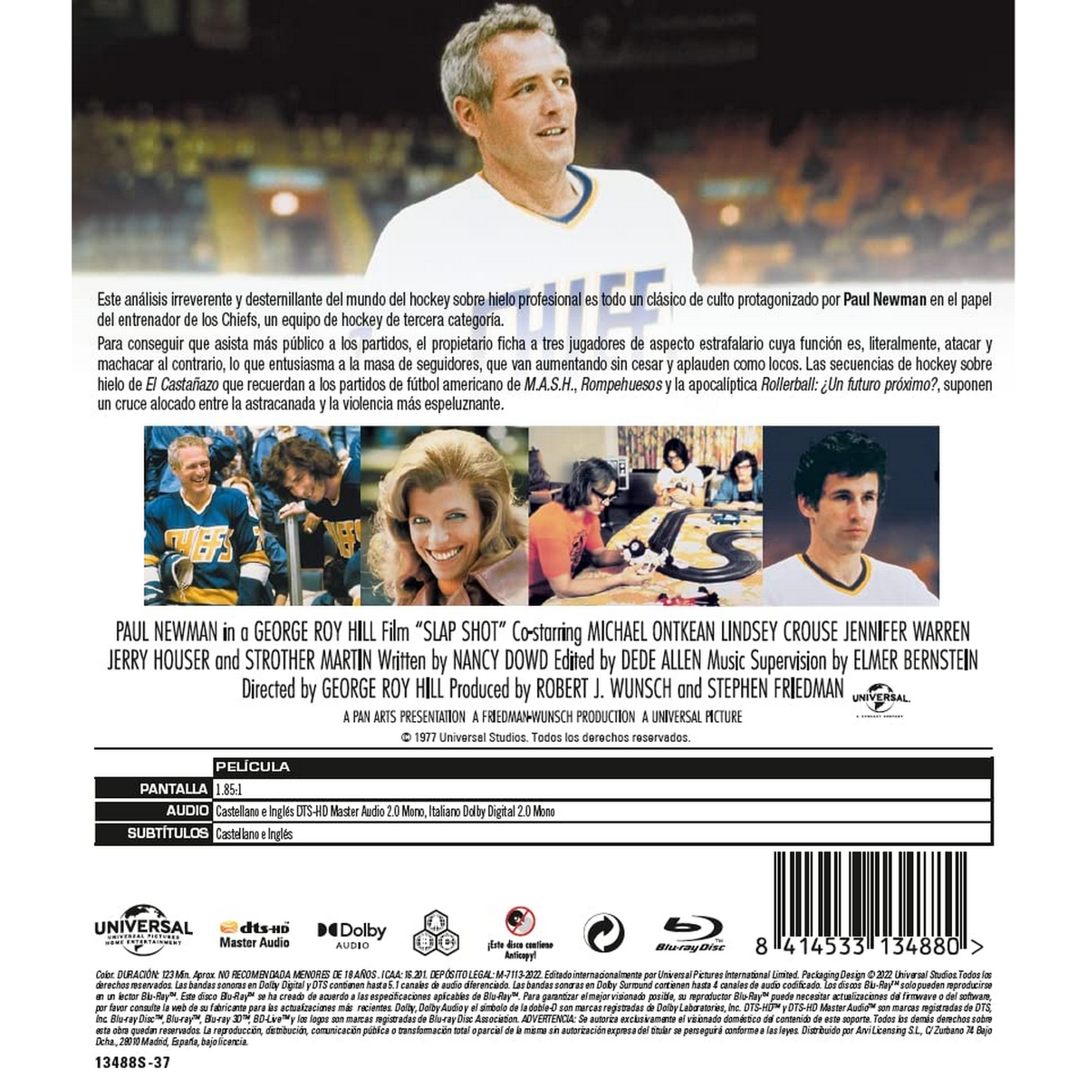 Portada de DVD con texto e imágenes, incluyendo a Paul Newman y un equipo de hockey.