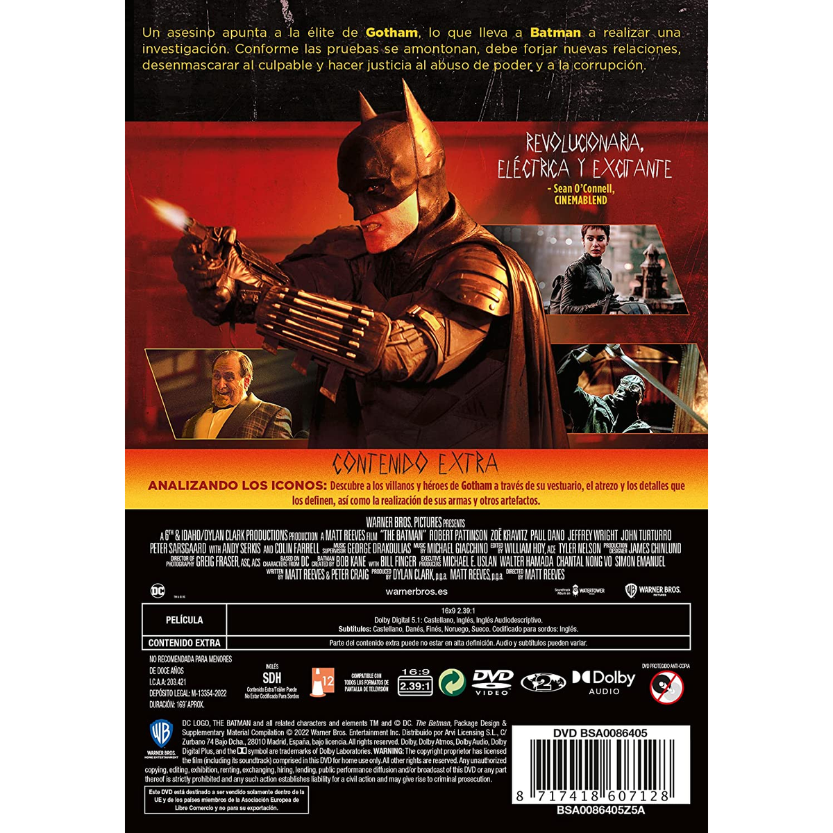 Parte trasera de la caja de DVD. Presenta a Batman, texto e imágenes de una película.