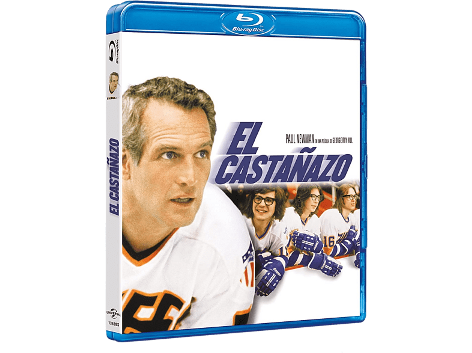 Caja Blu-ray: 'El Castañazo' con Paul Newman. Cubierta colorida con jugadores de hockey.