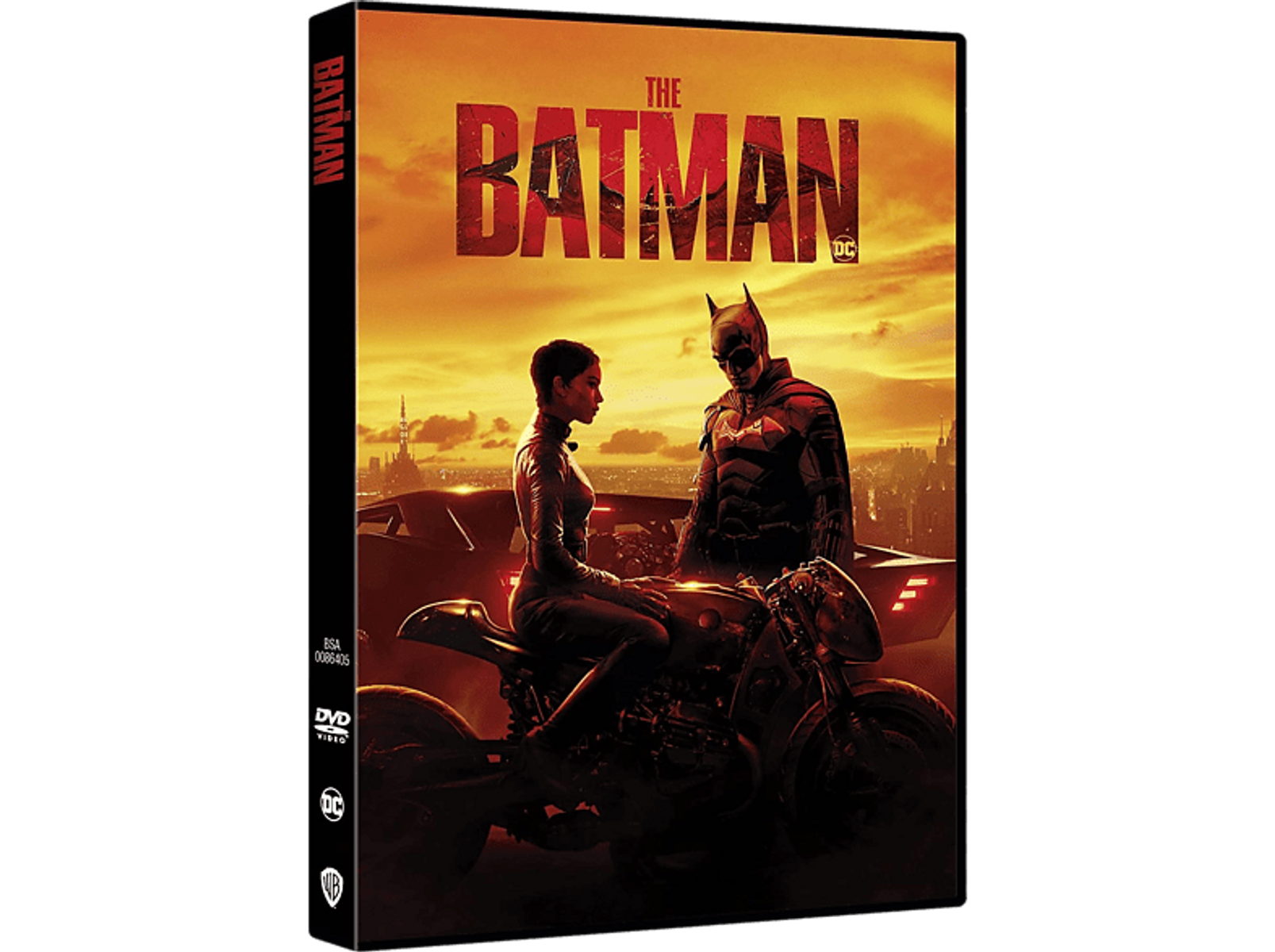 La carátula de DVD de The Batman con una mujer en moto y la figura de Batman.