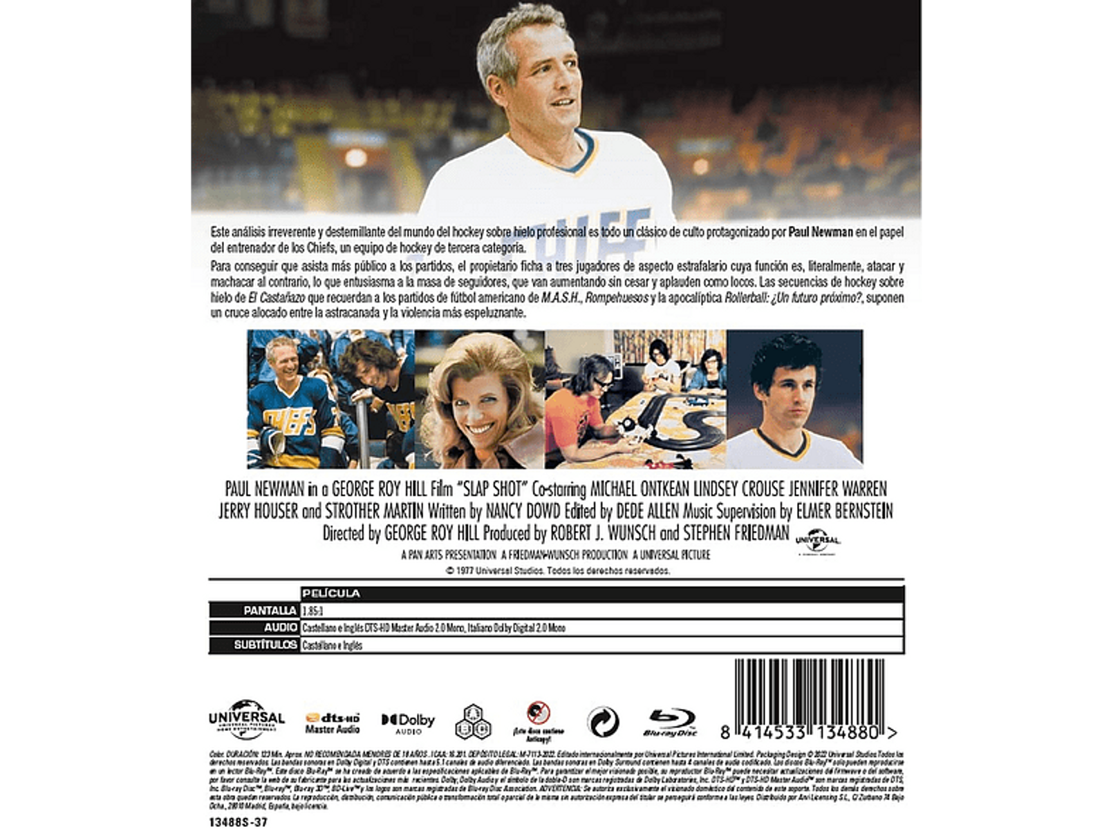 Parte trasera de una caja de película con texto en español e imágenes de actores y escenas.
