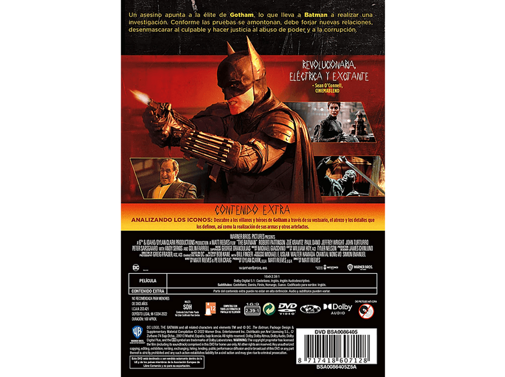 Portada de la película The Batman, vista trasera, texto e imágenes.