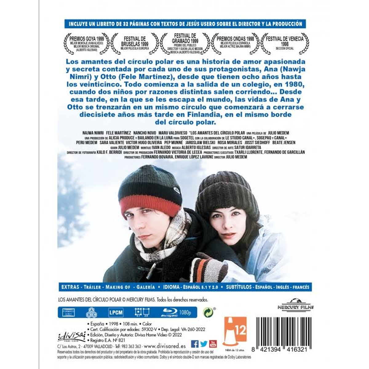 Portada de DVD con dos personas. Texto en español, francés, inglés. Fondo muestra un paisaje nevado.