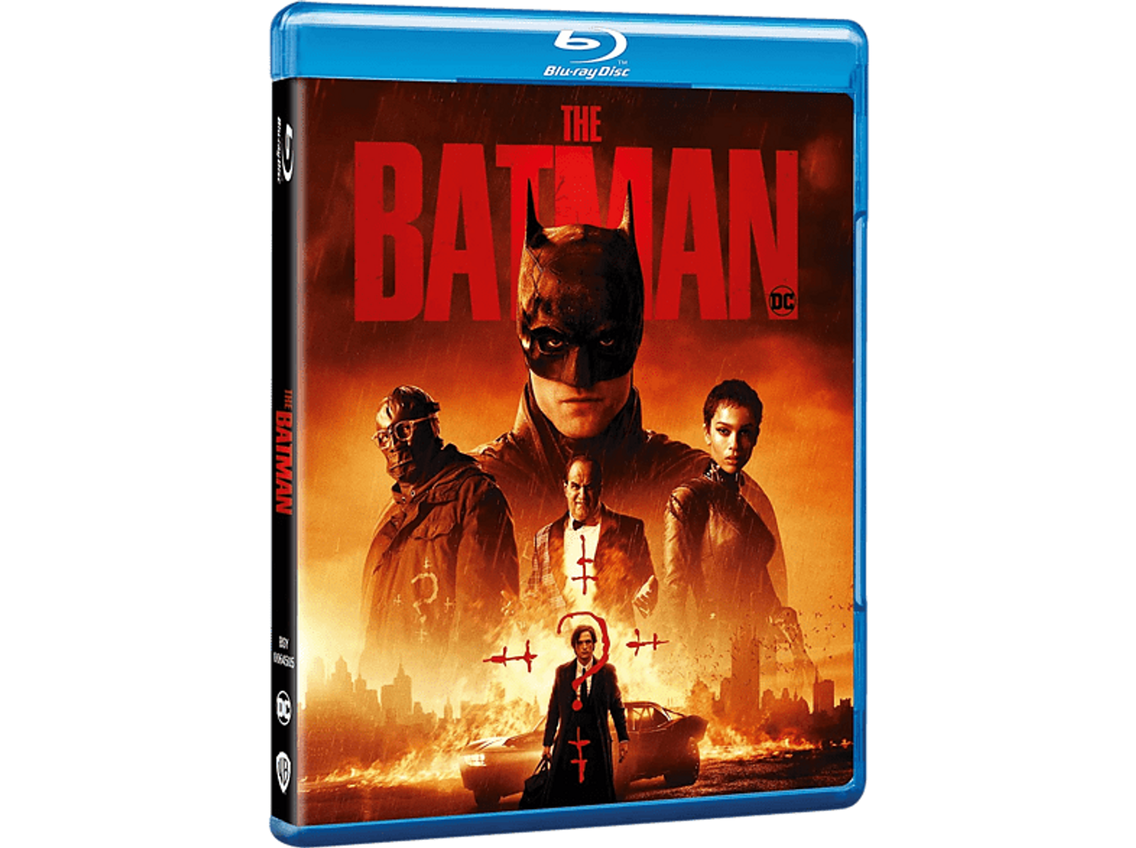 Disco Blu-ray de la película The Batman. Presenta a Batman, otros personajes y una ciudad.