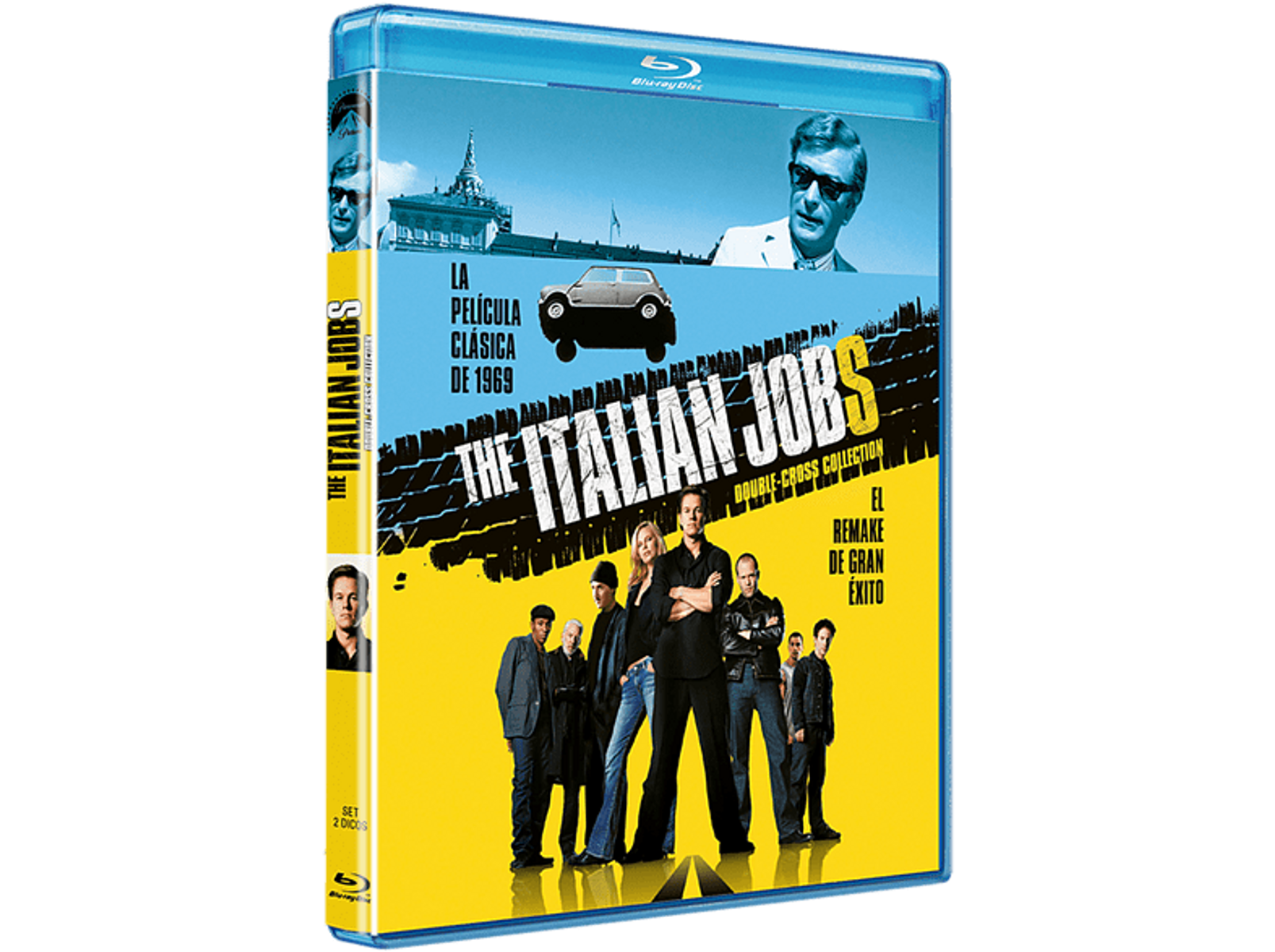 Una carátula de película Blu-ray para The Italian Job, con un coche, actores y el título de la película en amarillo.