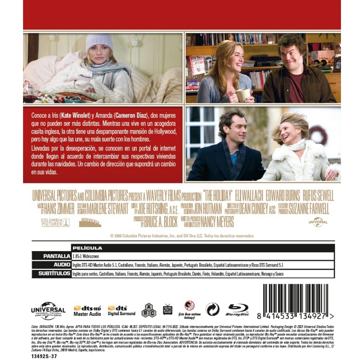 Funda de DVD de la película 'The Holiday', con imágenes del reparto y texto.