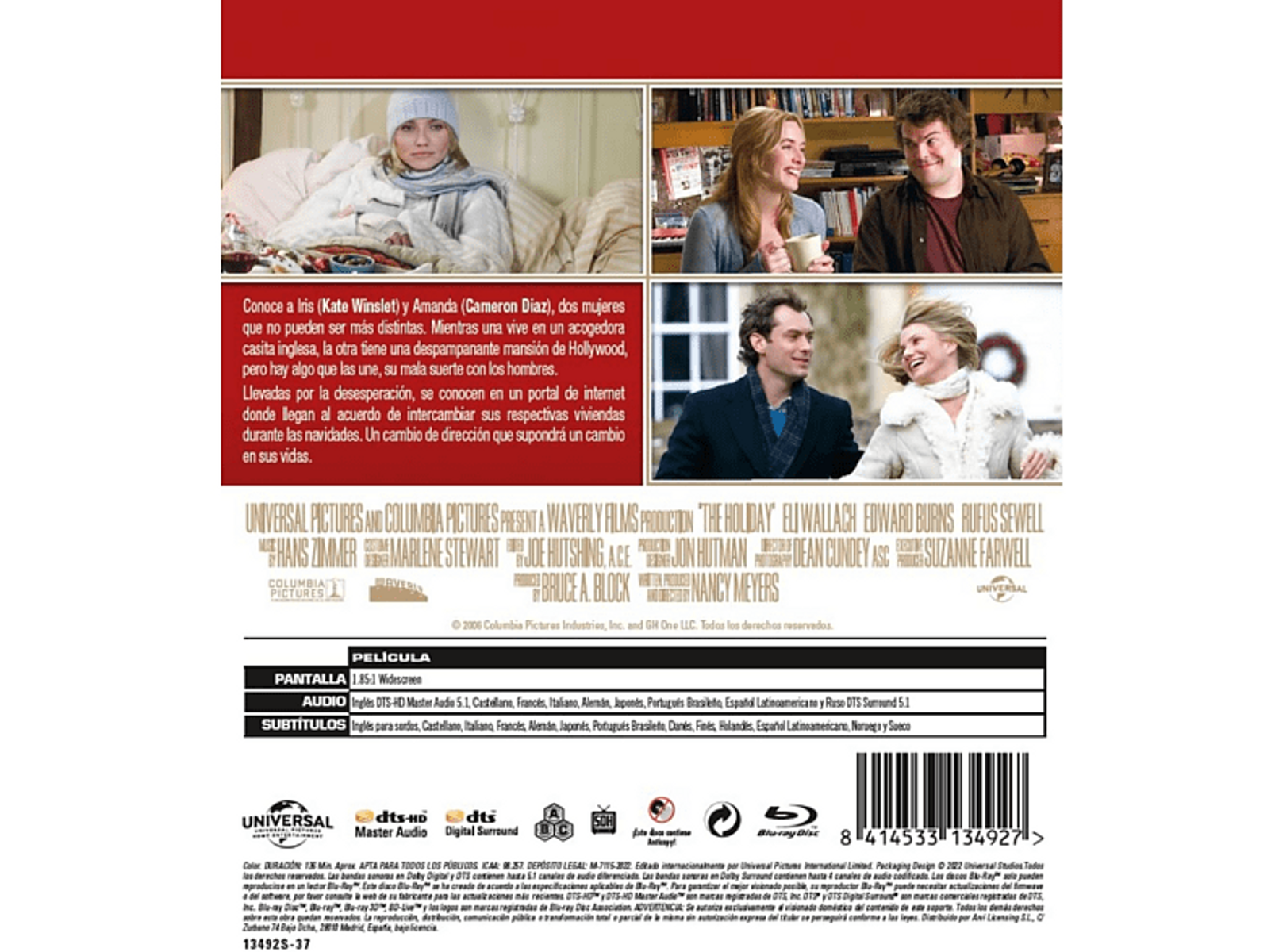 Contraportada del DVD de The Holiday. Se muestran imágenes del elenco de la película.