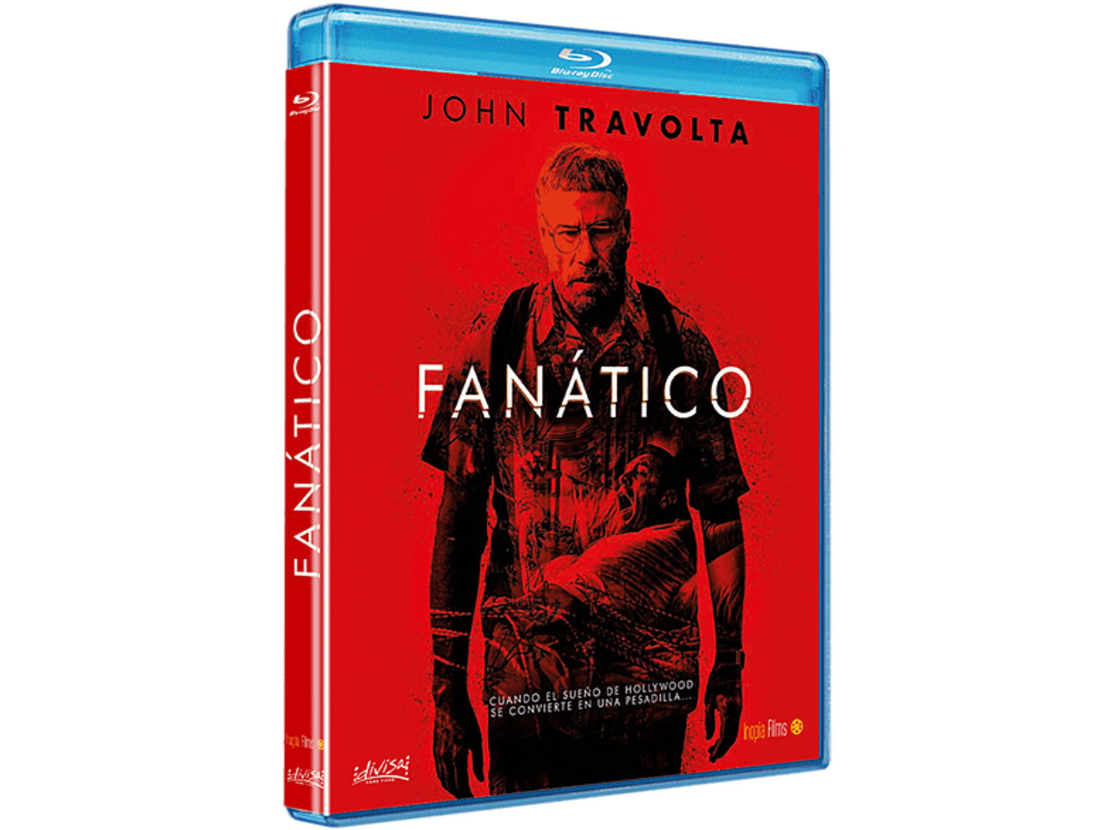 Portada de película Blu-ray: "Fanático" con John Travolta en fondo rojo.