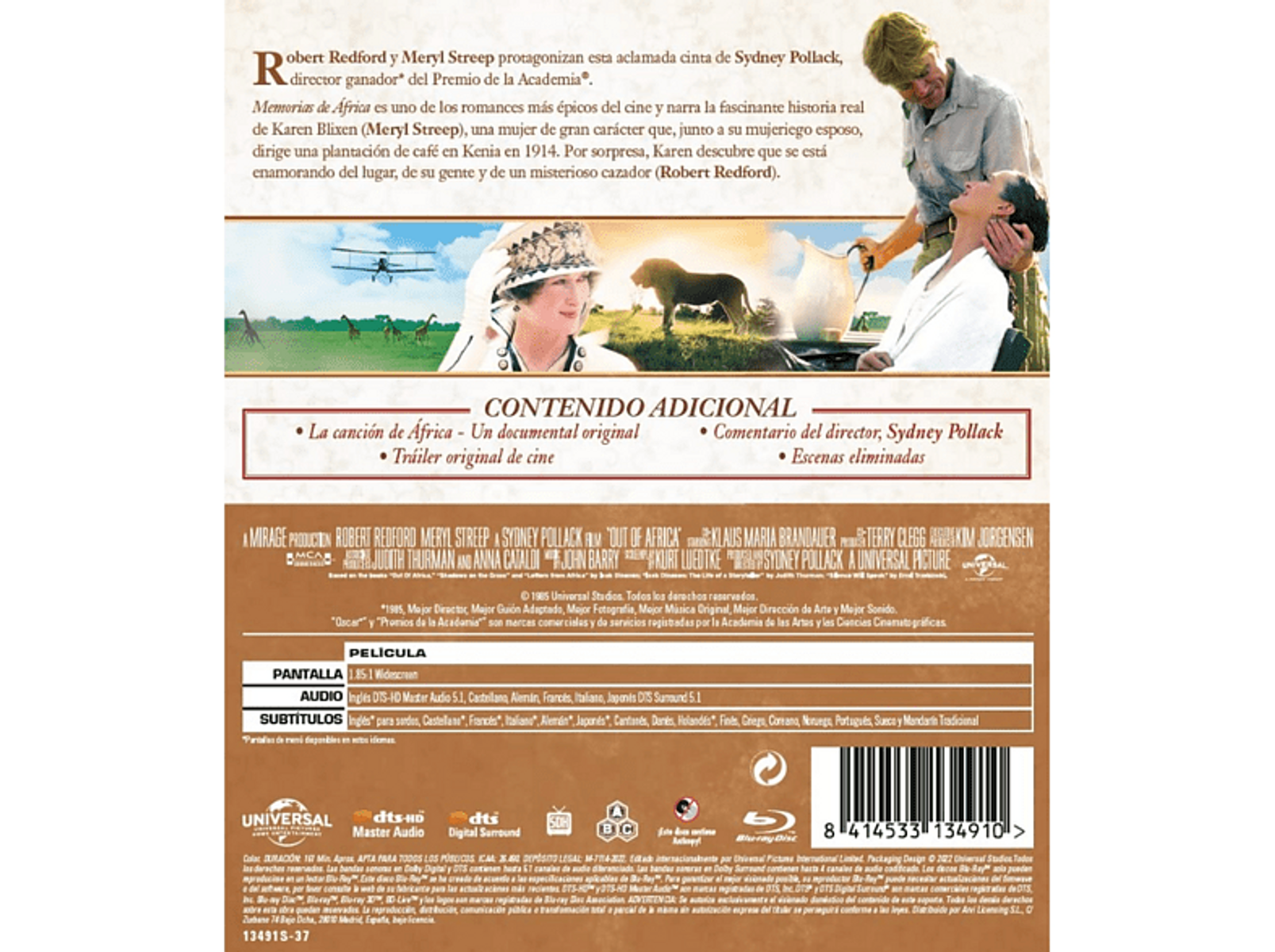 Parte trasera de la caja de DVD con detalles de la película y actores. Texto e imágenes.