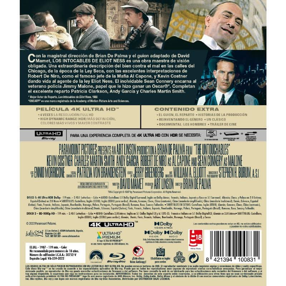 Parte trasera de la caja de Blu-ray de Los Intocables. Texto e imágenes. Fondo blanco.