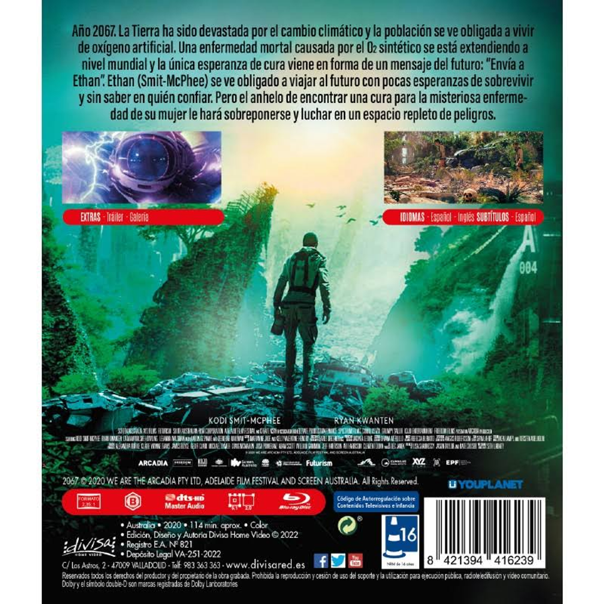 Parte trasera de una caja de DVD, con texto en español. Una persona con traje verde en el centro.
