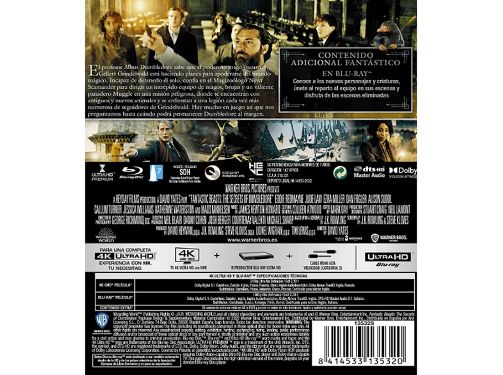 La parte posterior de una caja de DVD con texto y logotipos de "Animales fantásticos: Los secretos de Dumbledore".