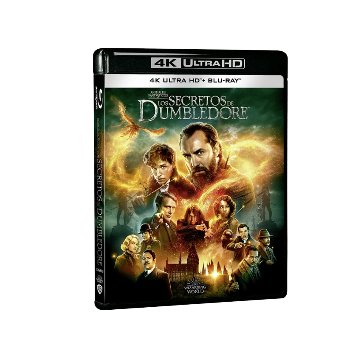 Portada de película con múltiples personajes. El título es "Animales Fantásticos: Los Secretos de Dumbledore".