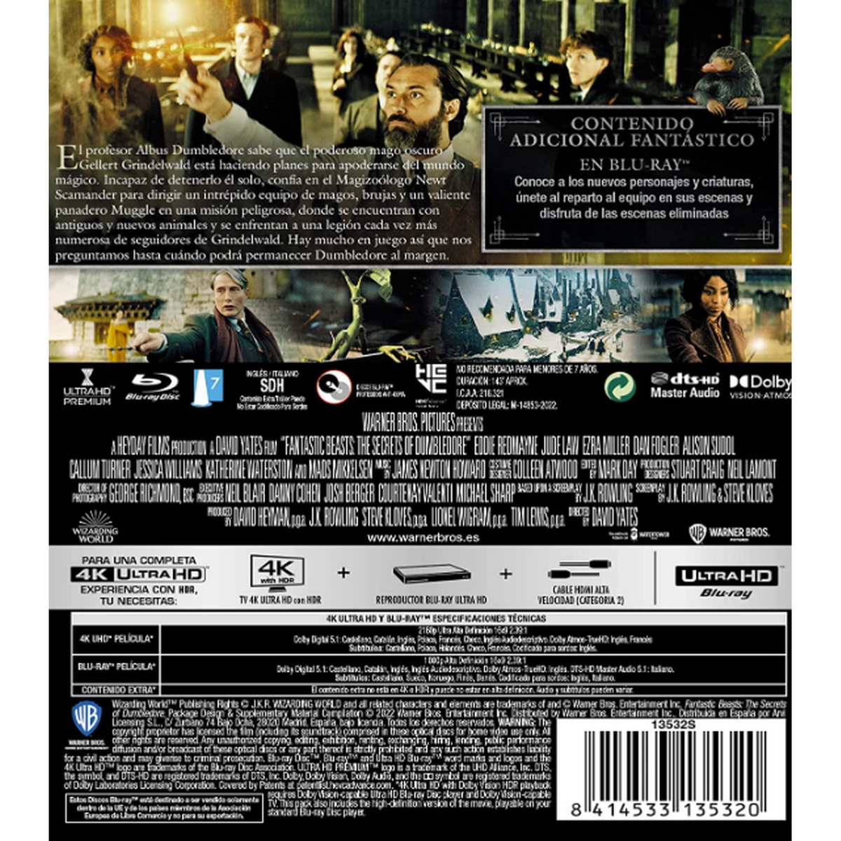 La parte trasera de una caja de Blu-ray con texto e imágenes, probablemente promocionando una película.