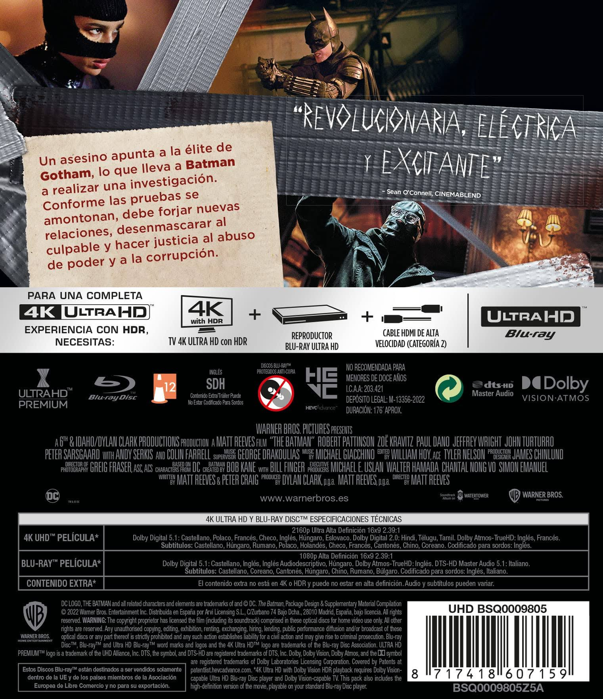 Caja Blu-ray de 'The Batman' con el título e imágenes de la película.