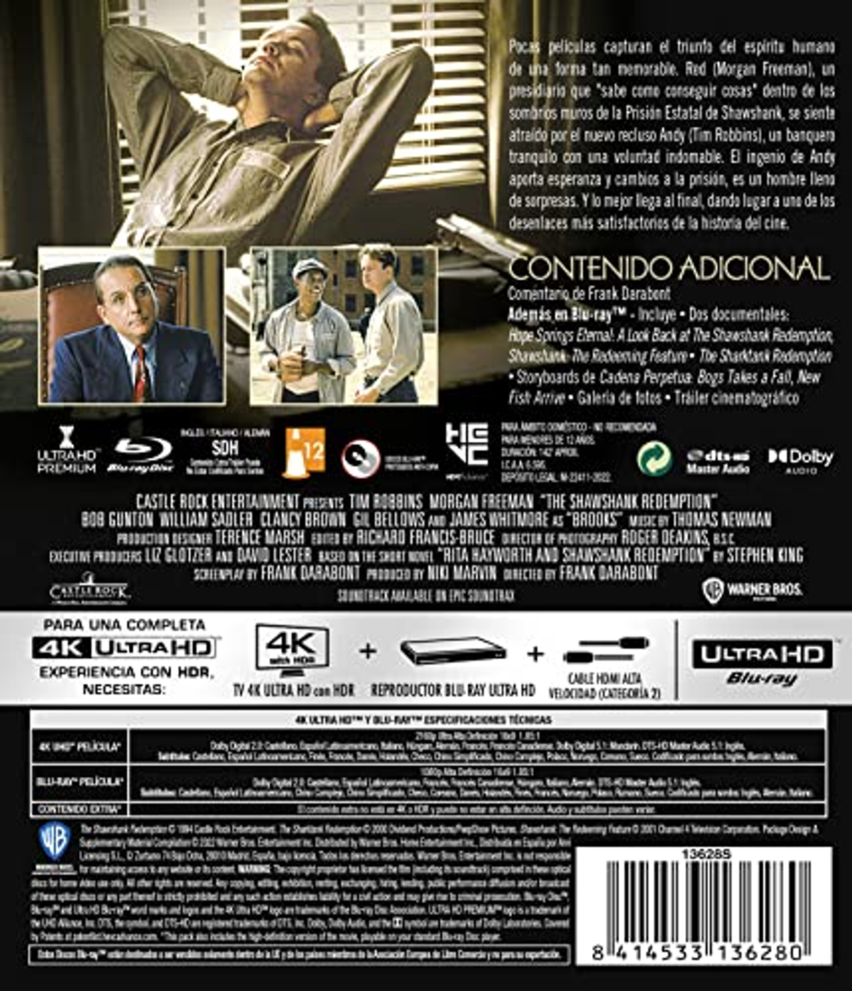 Contraportada de Blu-ray de The Shawshank Redemption con texto e imágenes.